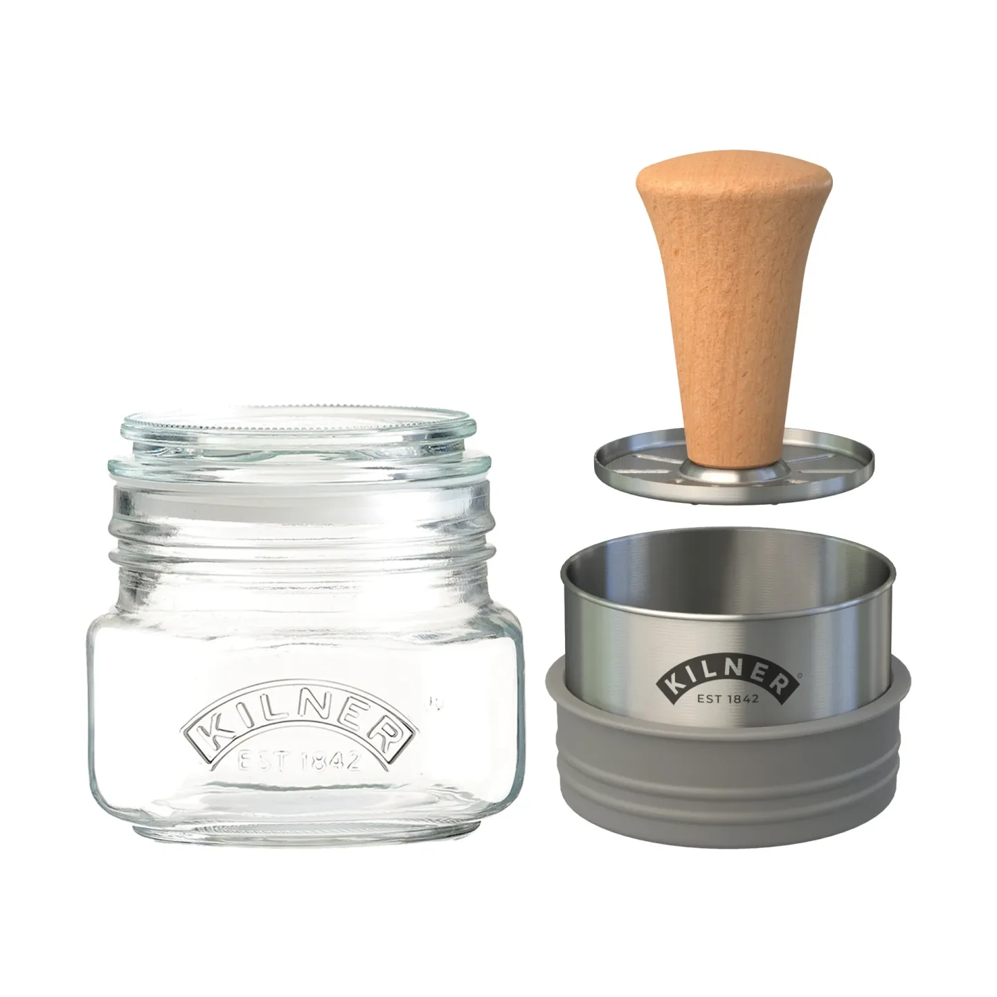 Kilner Kilner Mash & Store Aufbewahrungsglas-Set Klar-rostfreier Stahl-Holz, 0,5 l