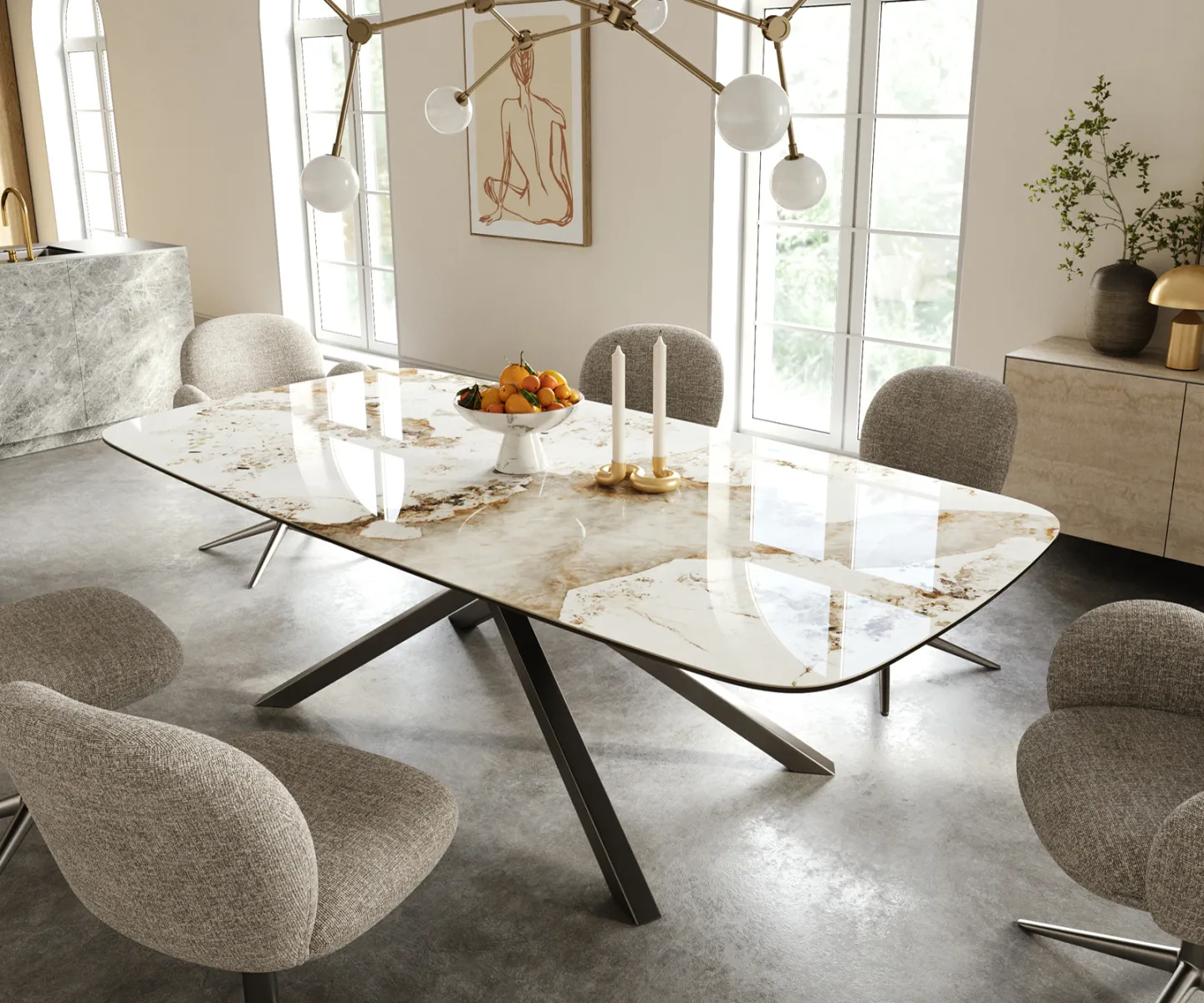 Esstisch Edge Boot 240x120 cm Keramik Minas Melange Weiß-Beige Kreuzgestell Rechteck Edelstahl Graphit