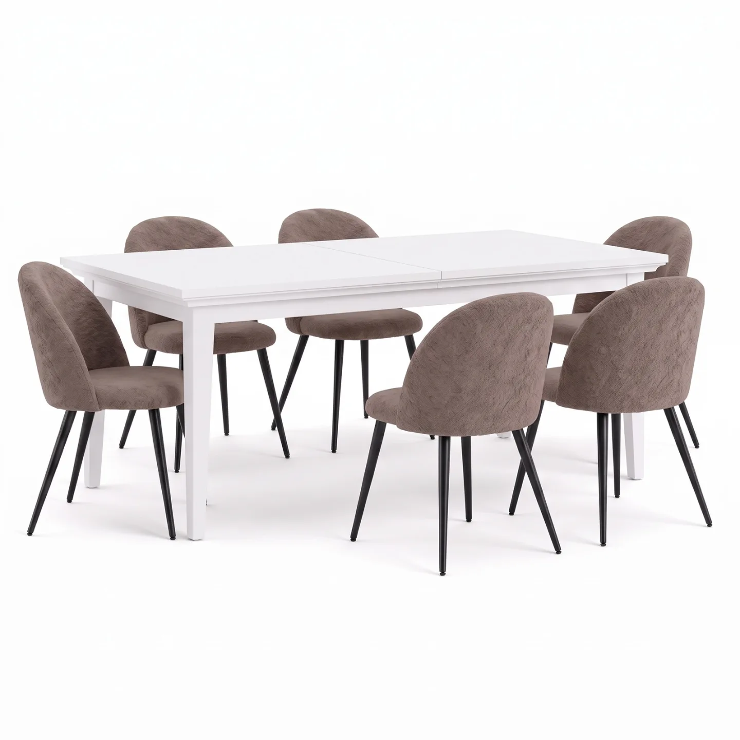 Venedig Essgruppe Tisch weiß 95x180/276 inkl. 2 Einlegeplatten und 6 Bouclé-Stühle braun.
