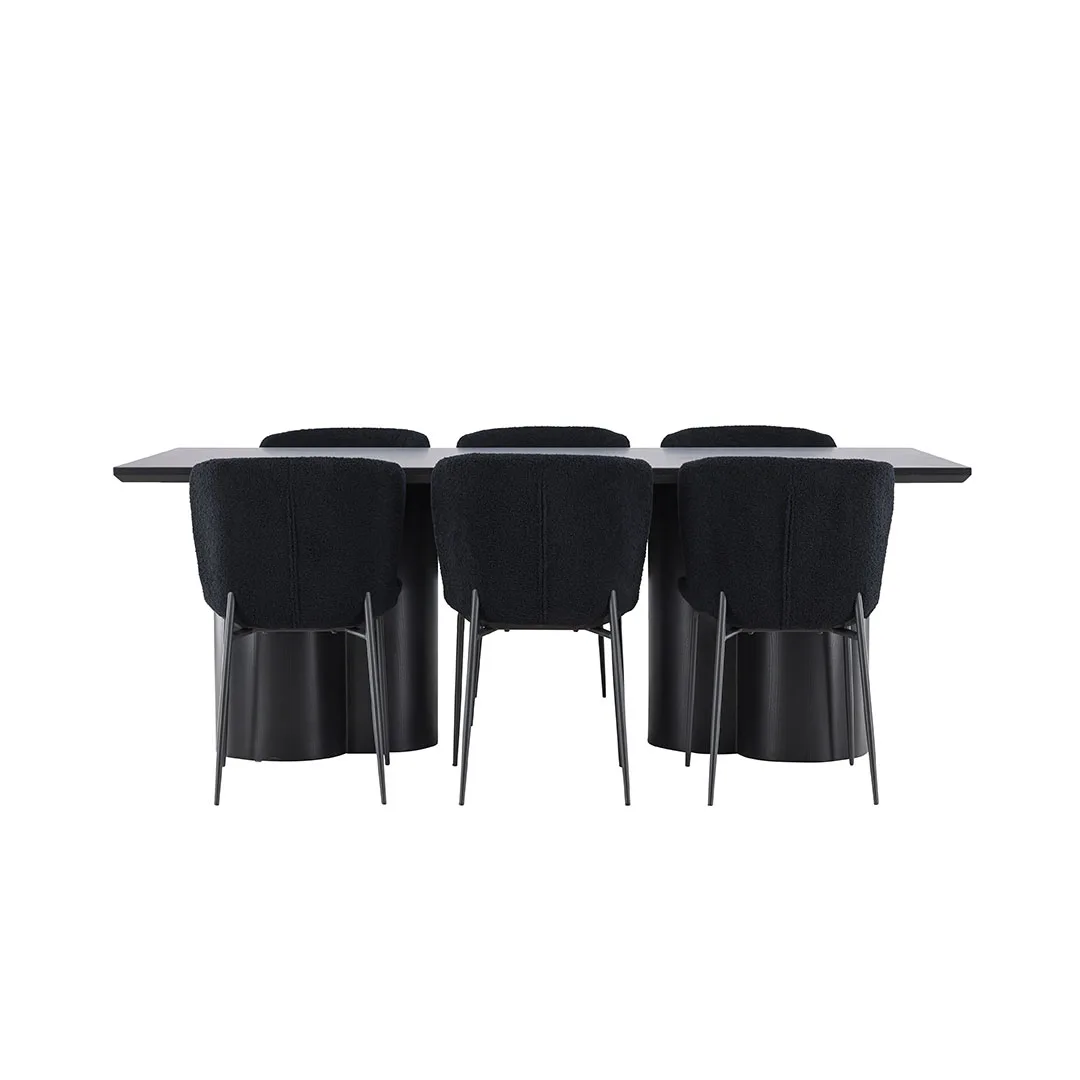 Olivia Essgruppe Tisch 100x210cm und 6 Teddy Stühle schwarz.