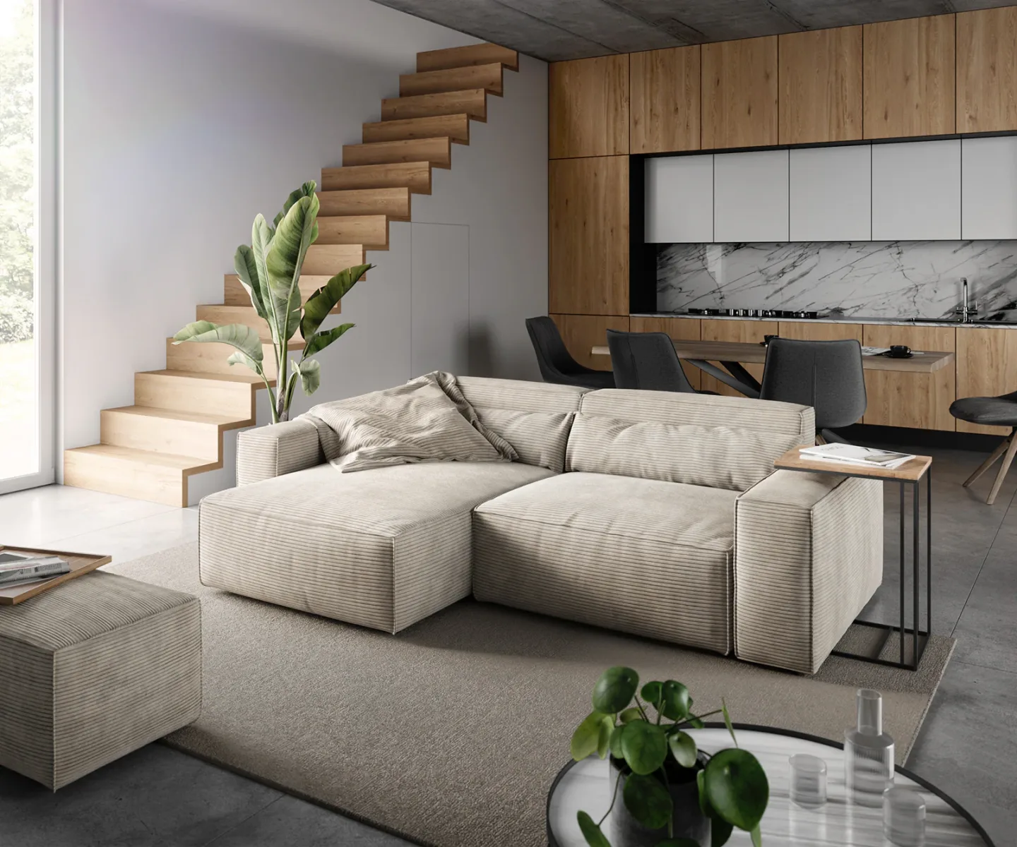 Ecksofa Sirpio 230x155 cm Cord Beige Recamiere variabel mit Hocker