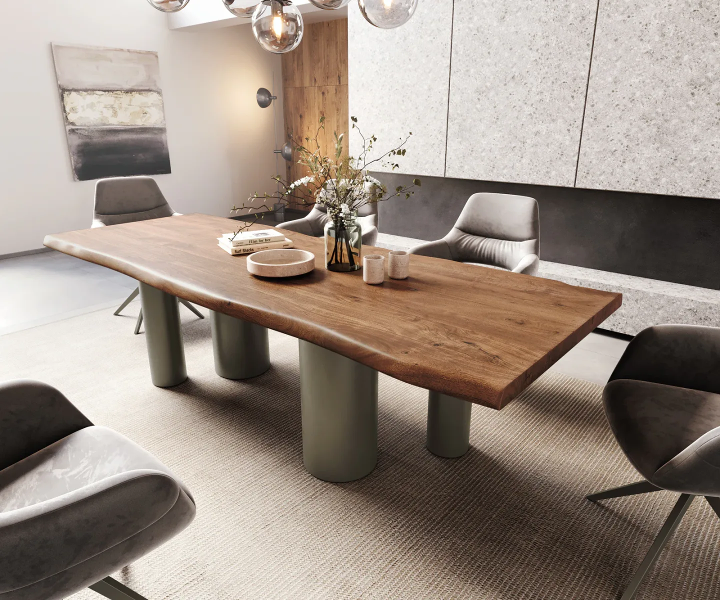 Esstisch Edge 260x100 XL Akazie Braun Pilier Metall Effektfinish Titan Live-Edge