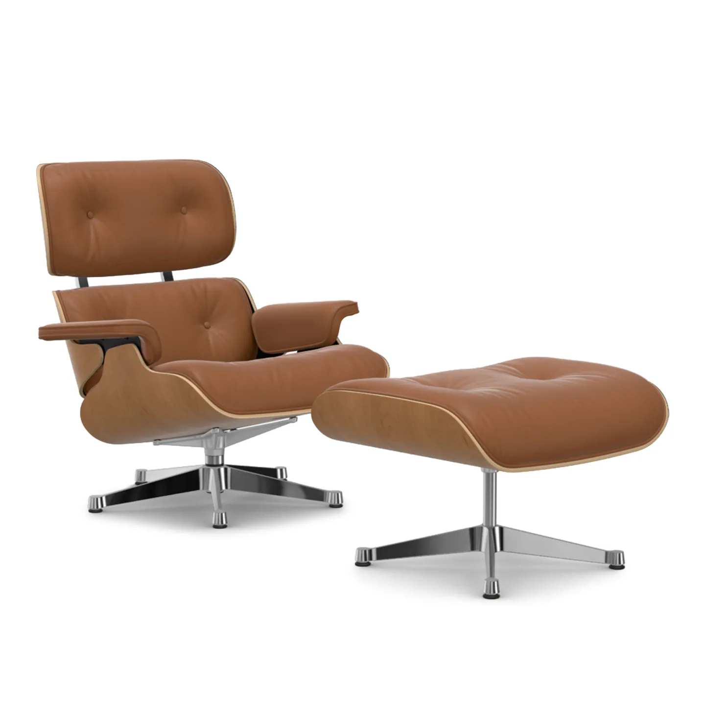 Vitra - Eames Lounge Set Cherry Leather Premium Cognac 97 Polished Aluminium - Fåtöljer - Charles & Ray Eames - Brun