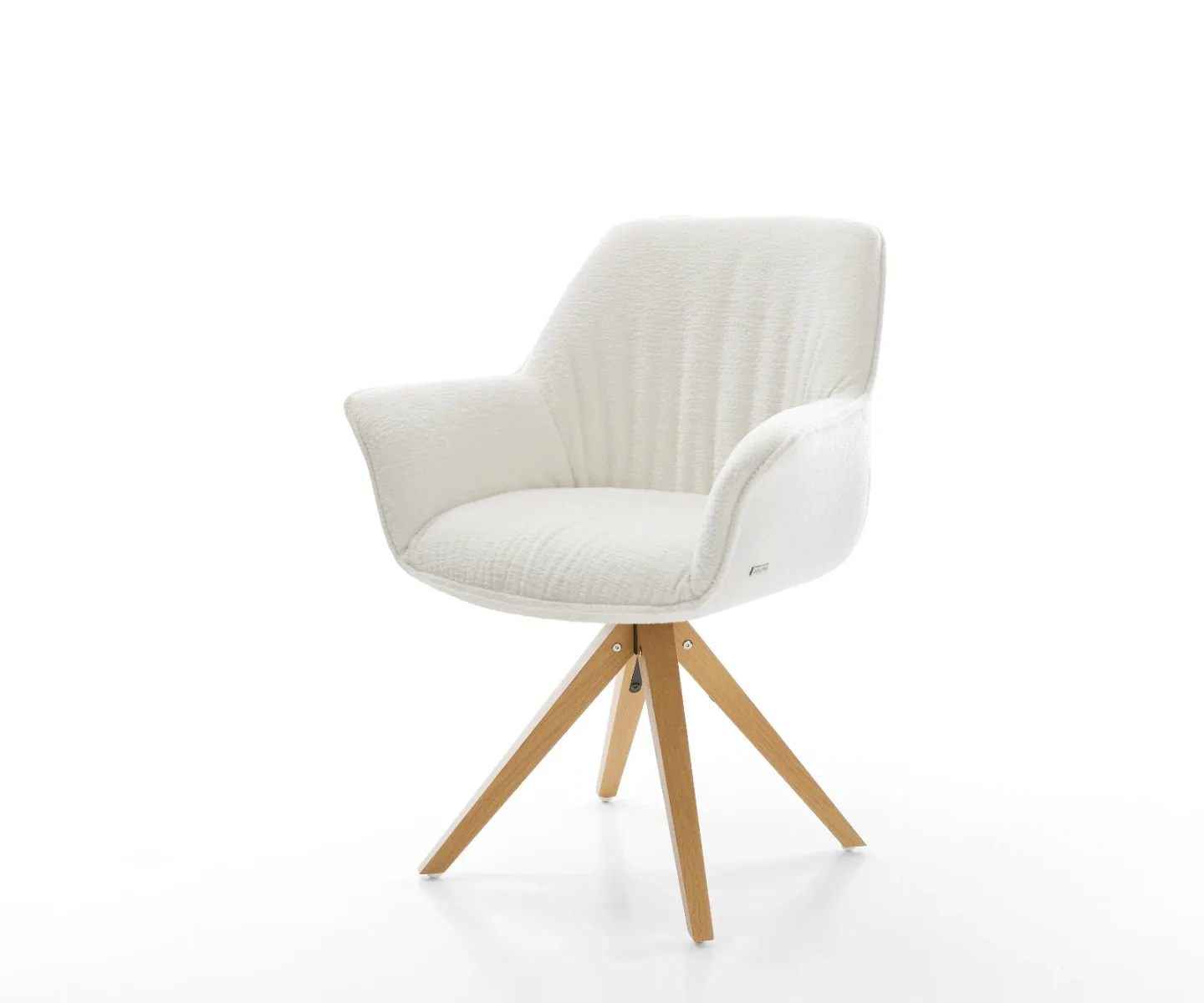 Drehstuhl Keila-Flex mit Armlehnen Bouclé Soft Beige Holzgestell kantig Natur 360° drehbar