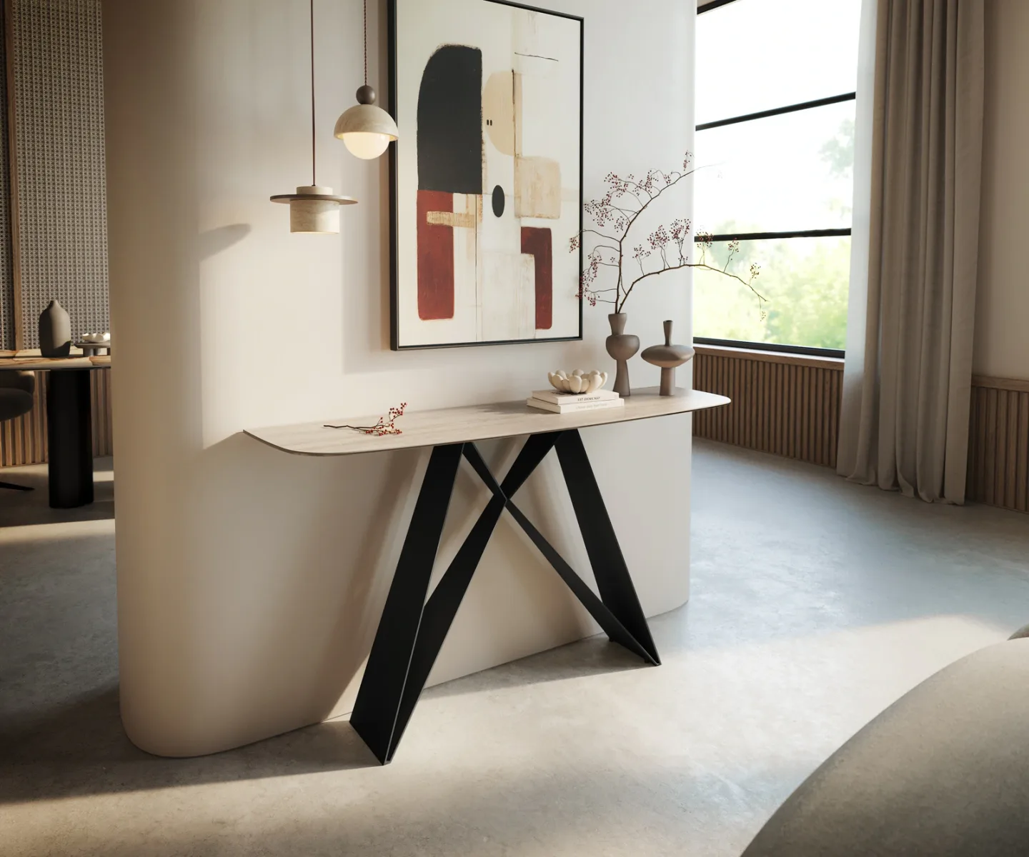Konsolentisch Edge Boot 140x40 cm Keramik Laminam® Travertino Bianco Creme-Weiß Velio Metall Schwarz