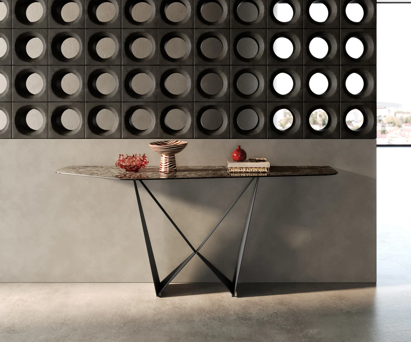 Konsolentisch Edge Polygonal 180x50 cm Keramik Emperador Extra Lucidato Dunkelbraun Spios Metall Schwarz