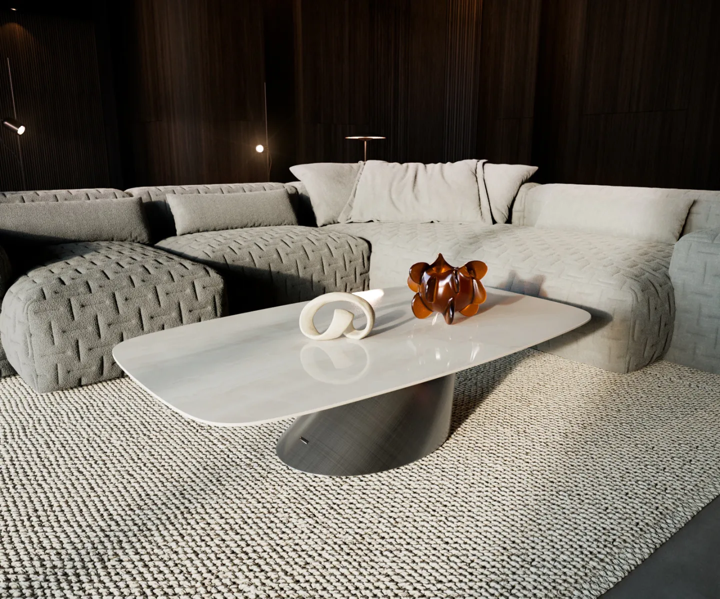 Couchtisch Edge Boot 140x80 cm Keramik Onyx Champagne Conis Metallic Silber