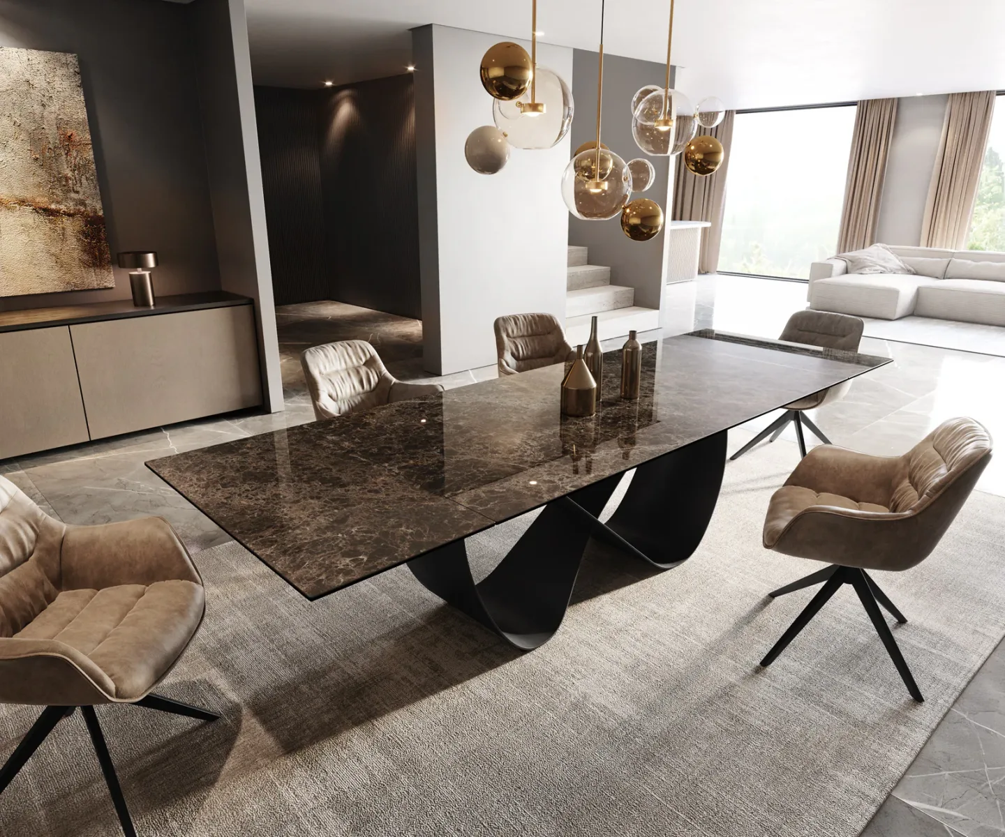 Esstisch Edge 200-300x100 Keramik Emperador Extra Lucidato Dunkelbraun Infinity Metall Schwarz ausziehbar