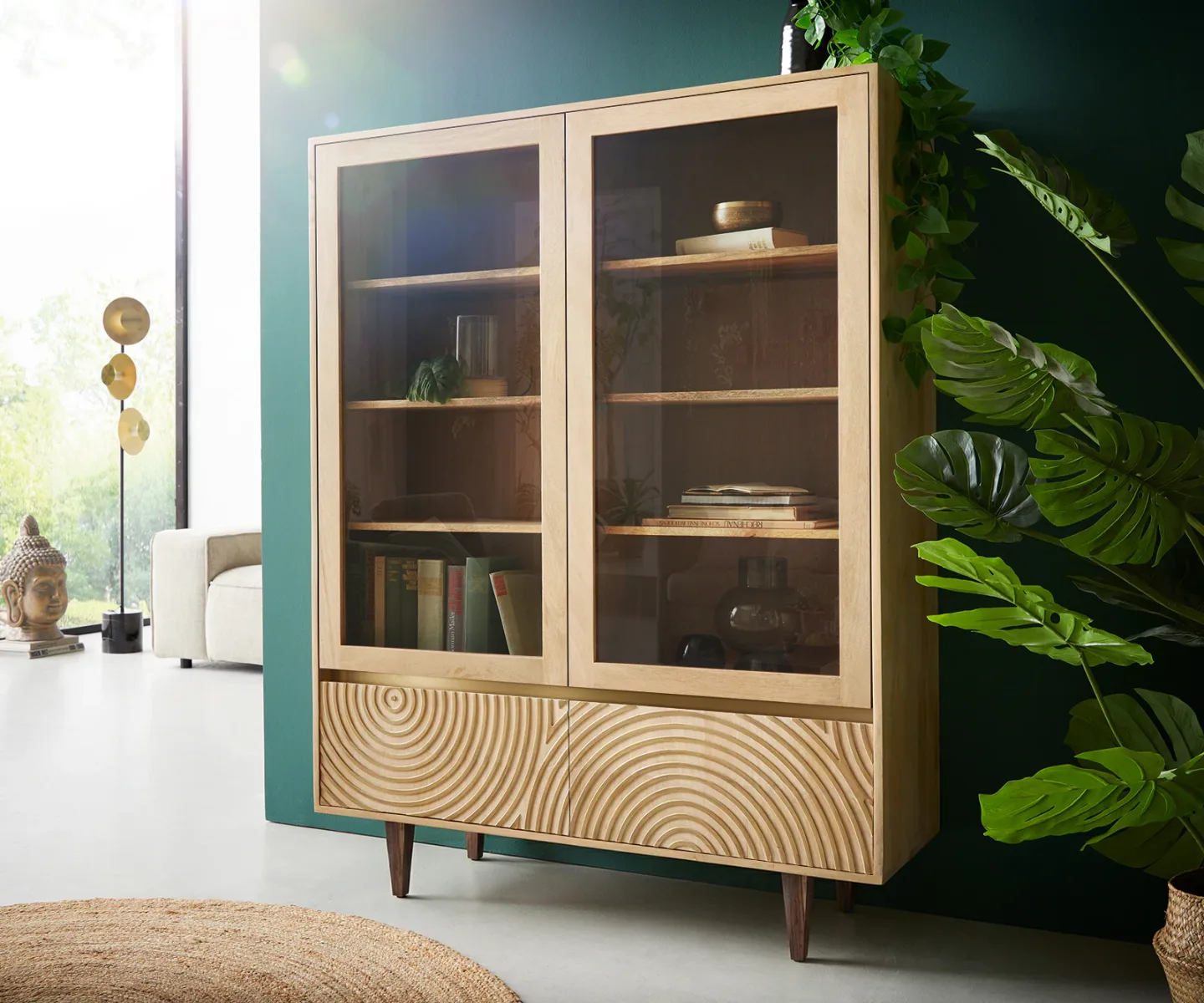 Vitrine Budaya 115x135 cm Mango Natur 4 Türen Fuß vierkant
