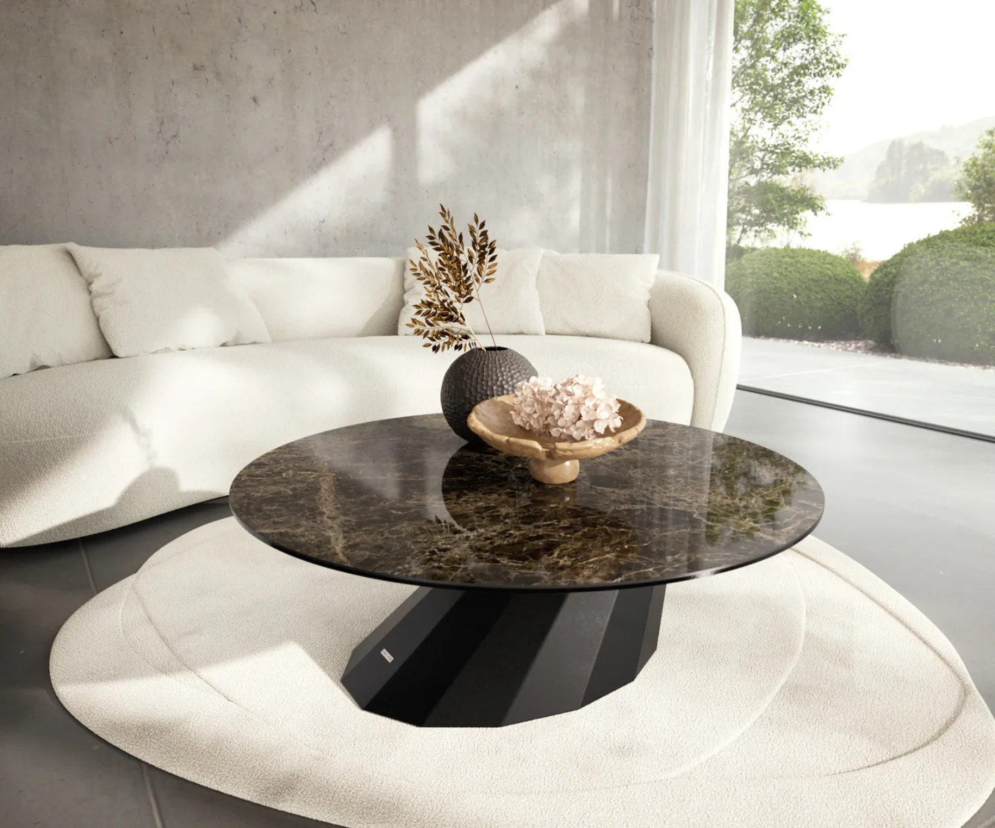 Couchtisch Edge Rund 100x100 cm Keramik Emperador Extra Lucidato Dunkelbraun Parabi Metall Schwarz