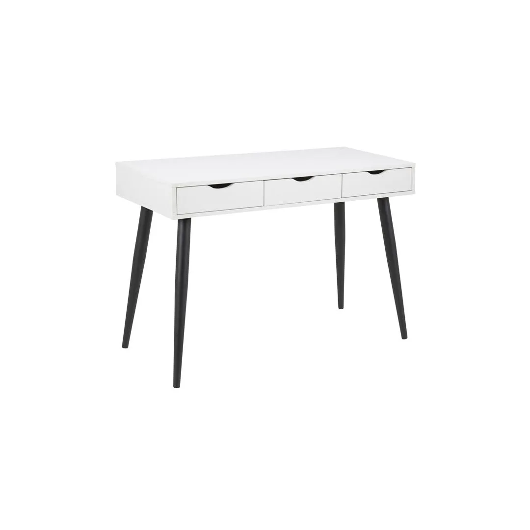 Nete Schreibtisch mit 3 Schubladen in weiss und schwarzen Metallbeinen.