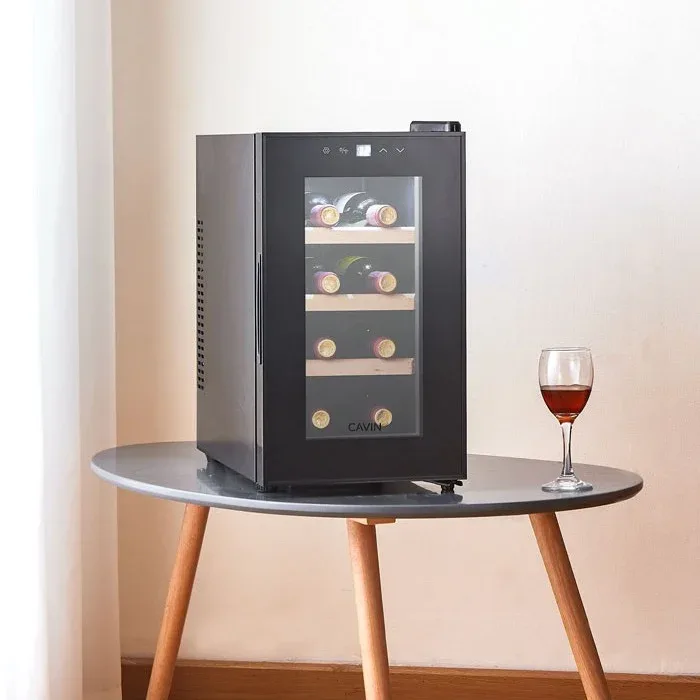 Weinkühlschrank freistehender schwarz, Cavin Northern Collection 8, eine Temperaturzone, 8 Flaschen, leiser Weinkühlschrank, günstiger Weinkühlschrank, B: 26,5 x H: 47,5 x T: 51,5 cm