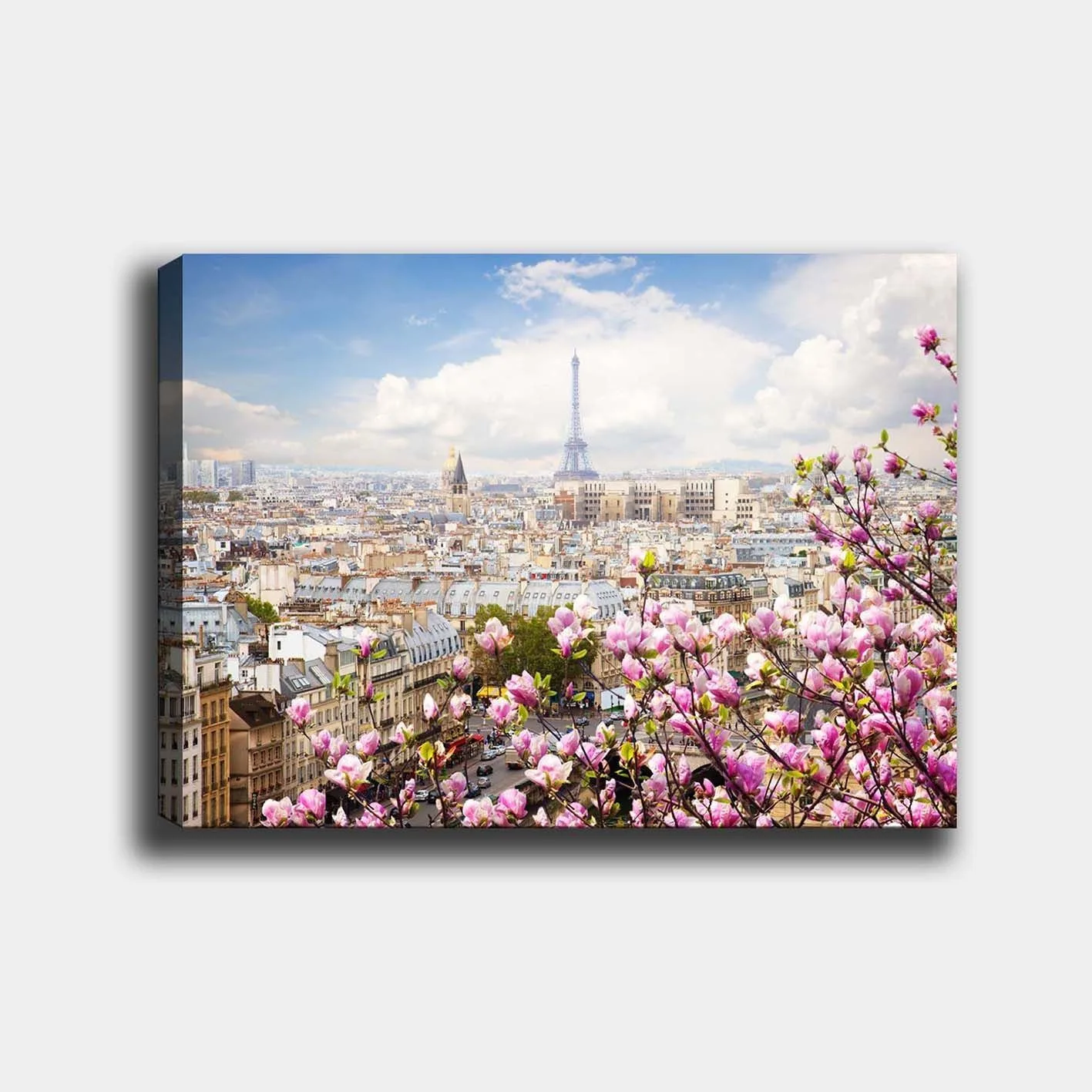 Canvastavla 70x100 cm - Vacker vy över Paris med Eiffeltornet omgiven av blommande körsbärsträd - Rosa / Blå / Grön
