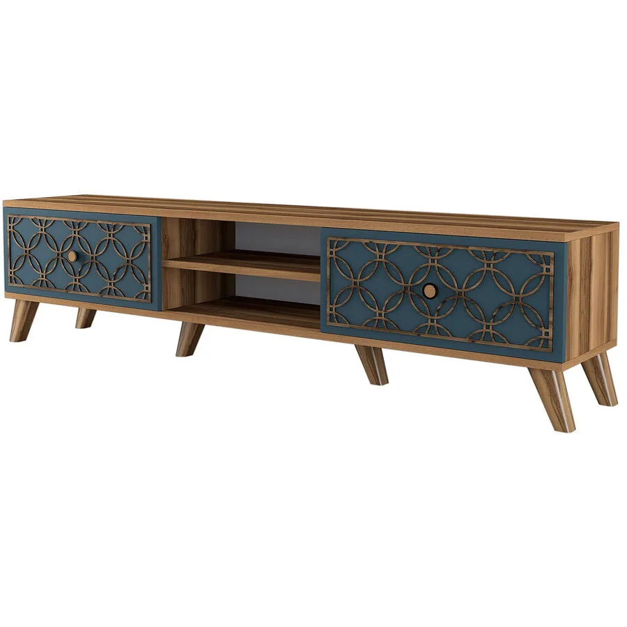 TV-Möbel Yasam Walnuss/Blau Melaminbeschichtete Spanplatte B 180 cm