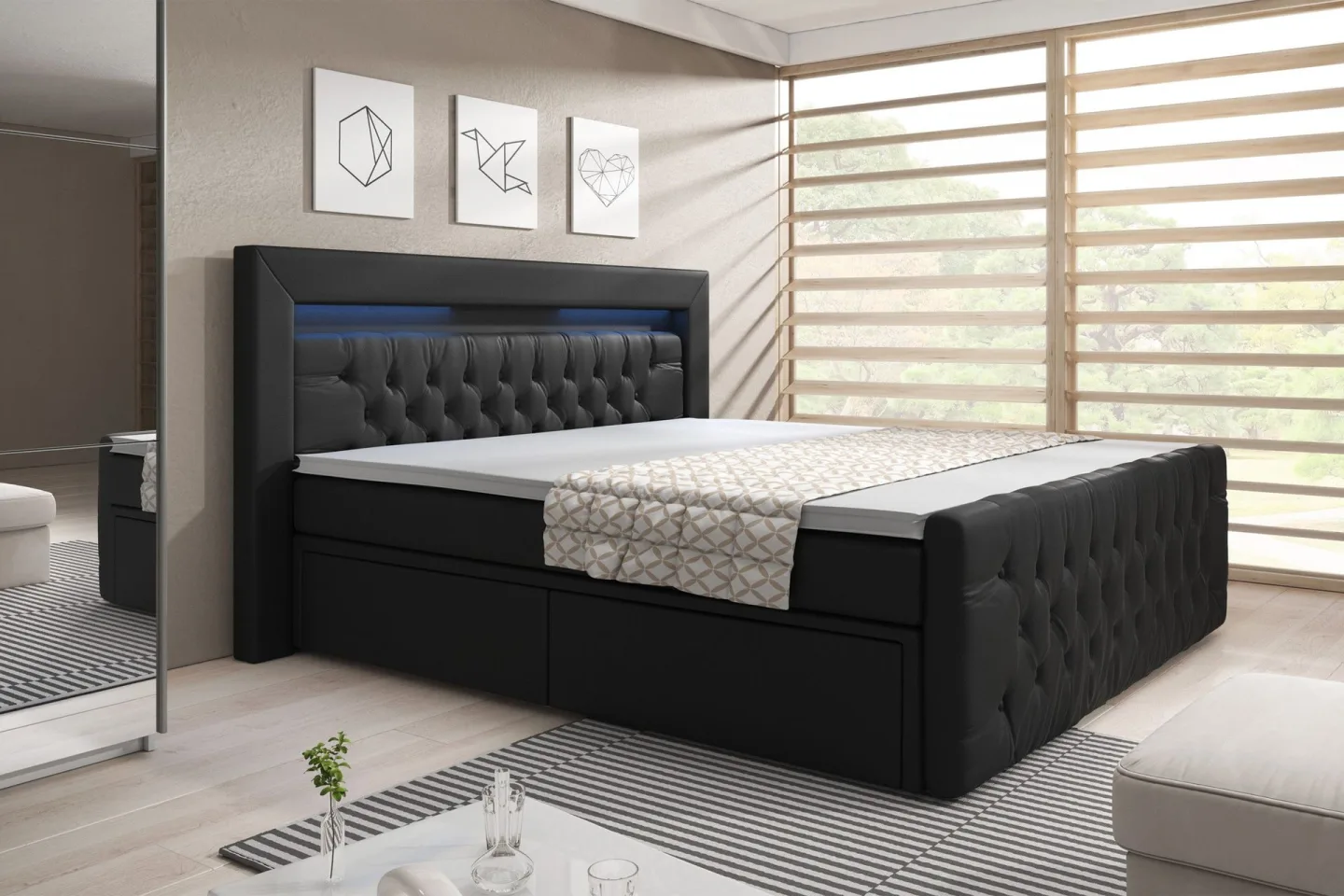 Franco Komplett Sängpaket med förvaring LED-belysning 180x200 cm - Pu Konstläder Svart