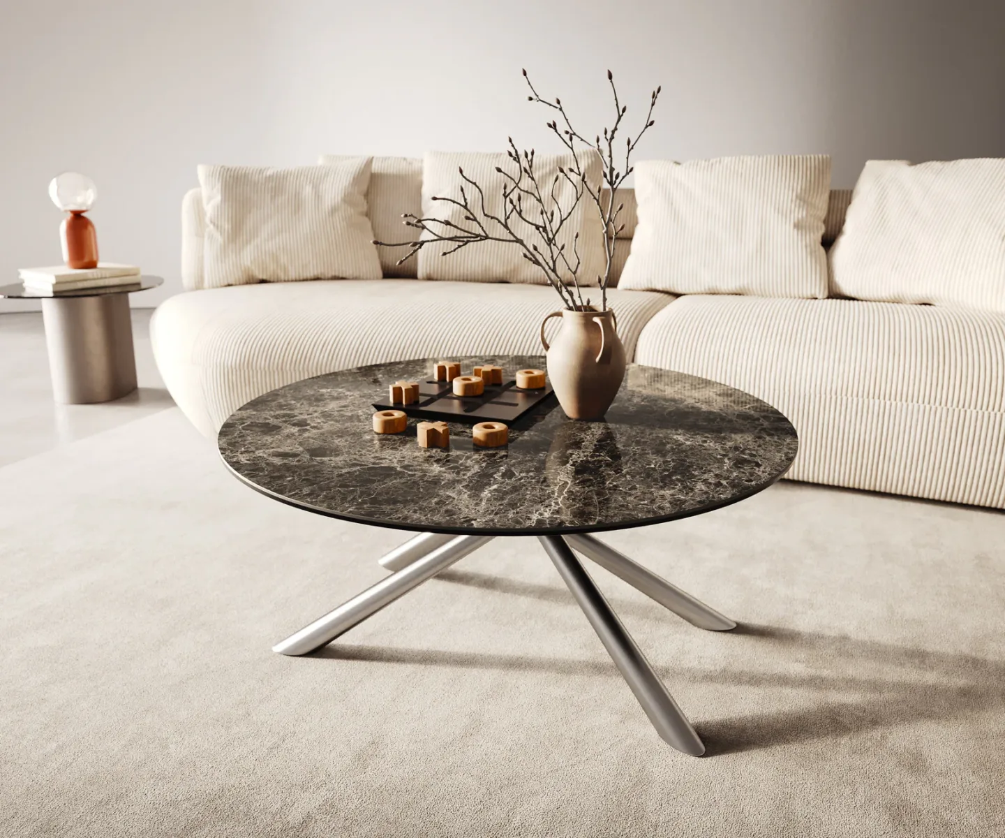 Couchtisch Edge Rund 90x90 cm Keramik Emperador Extra Lucidato Dunkelbraun Sarity Edelstahl gebürstet