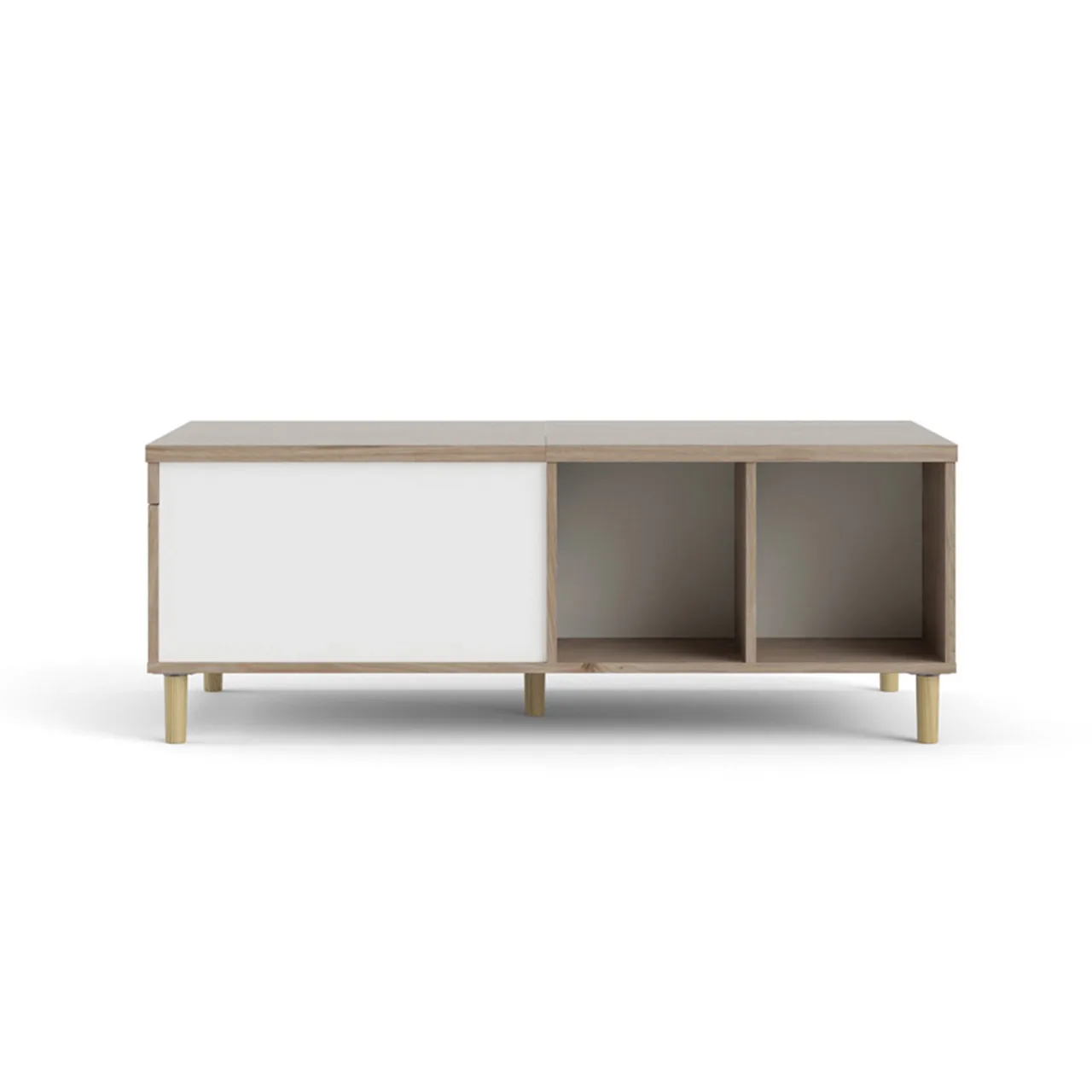 Penny Couchtisch mit ausziehbarer Deckplatte und 2 Fächern Hickory-Dekor und Mattweiß.