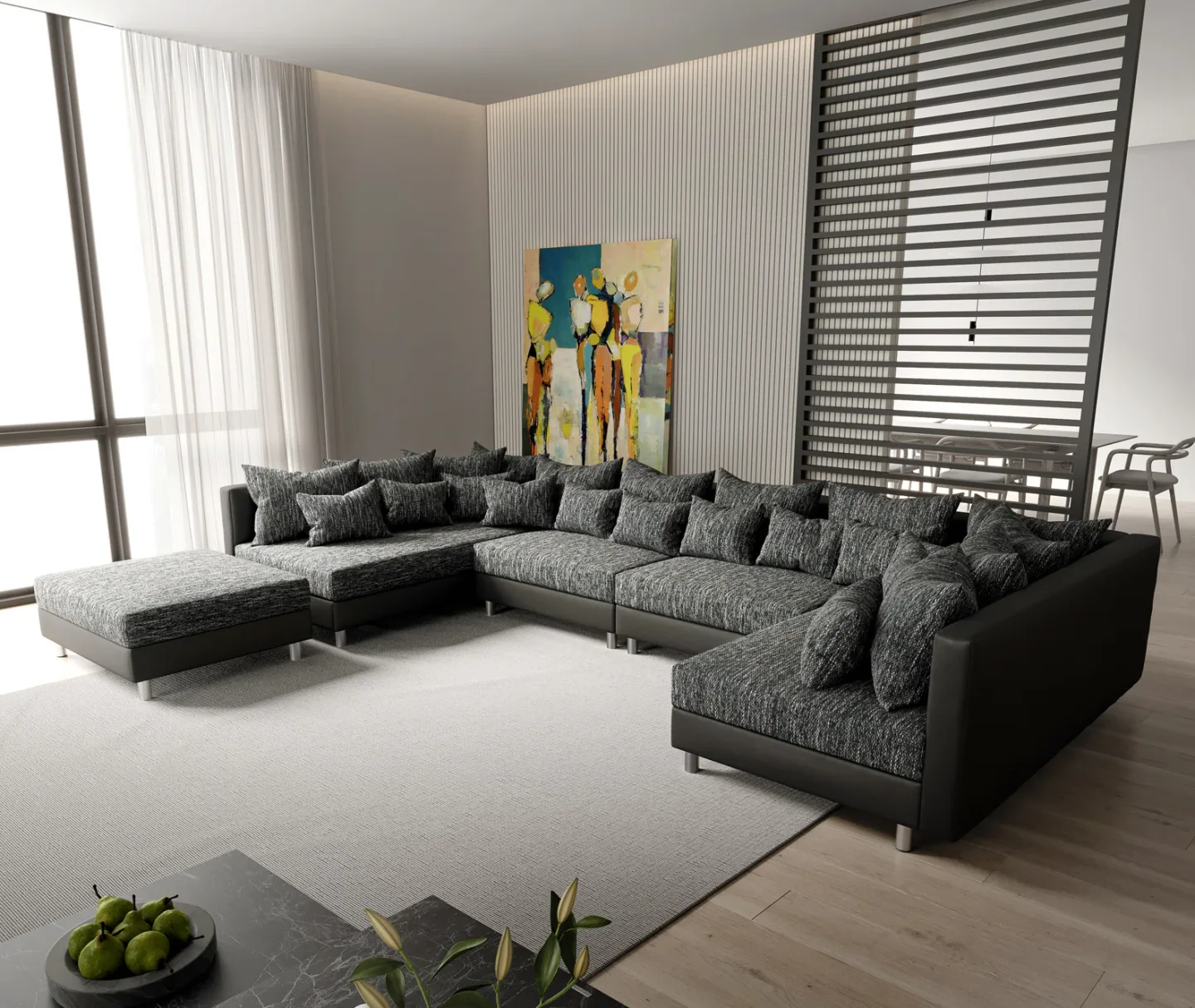 Wohnlandschaft Clovis XL Schwarz Modulsofa mit Hocker