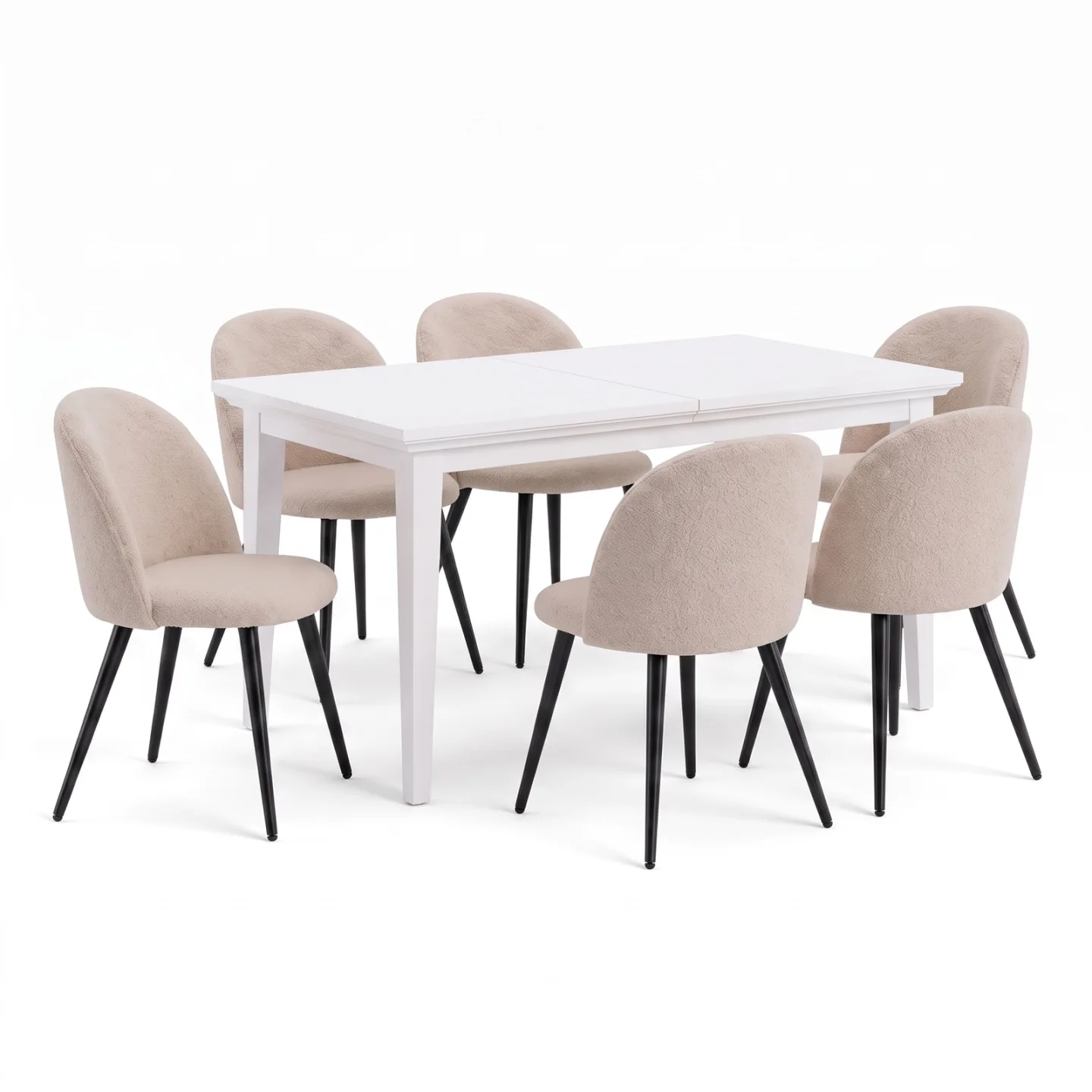 Venedig Essgruppe Tisch weiß 95x180/276 inkl. 2 Einlegeplatten und 6 Bouclé-Stühle beige.