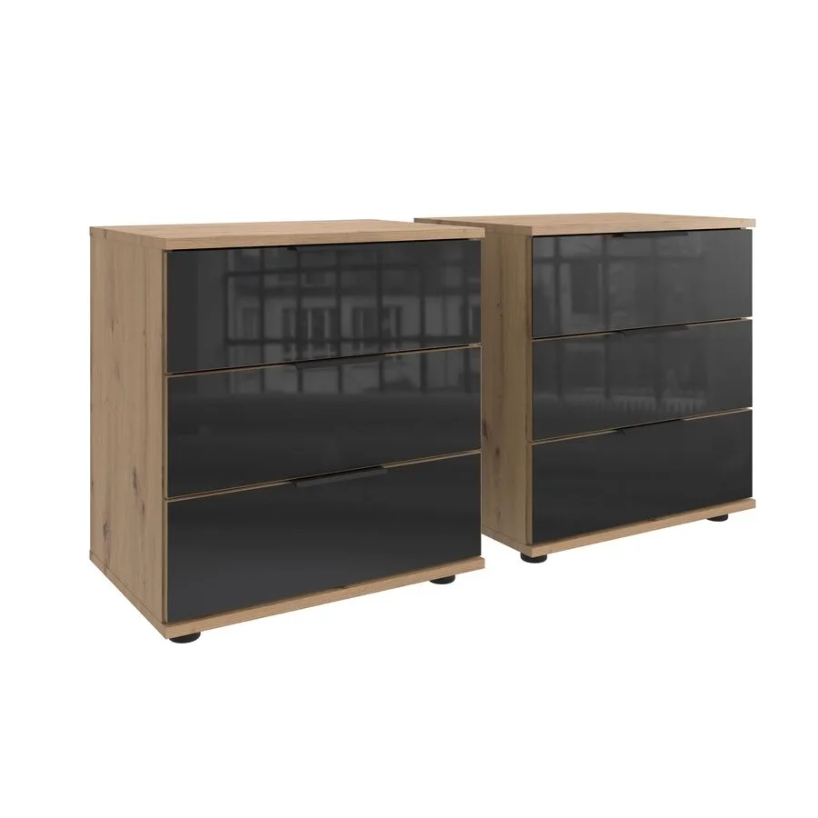 Nachttisch 2er-Set Metac Eiche Nachbildung, Schwarz Spanplatte, Glas B 104 H 58 cm