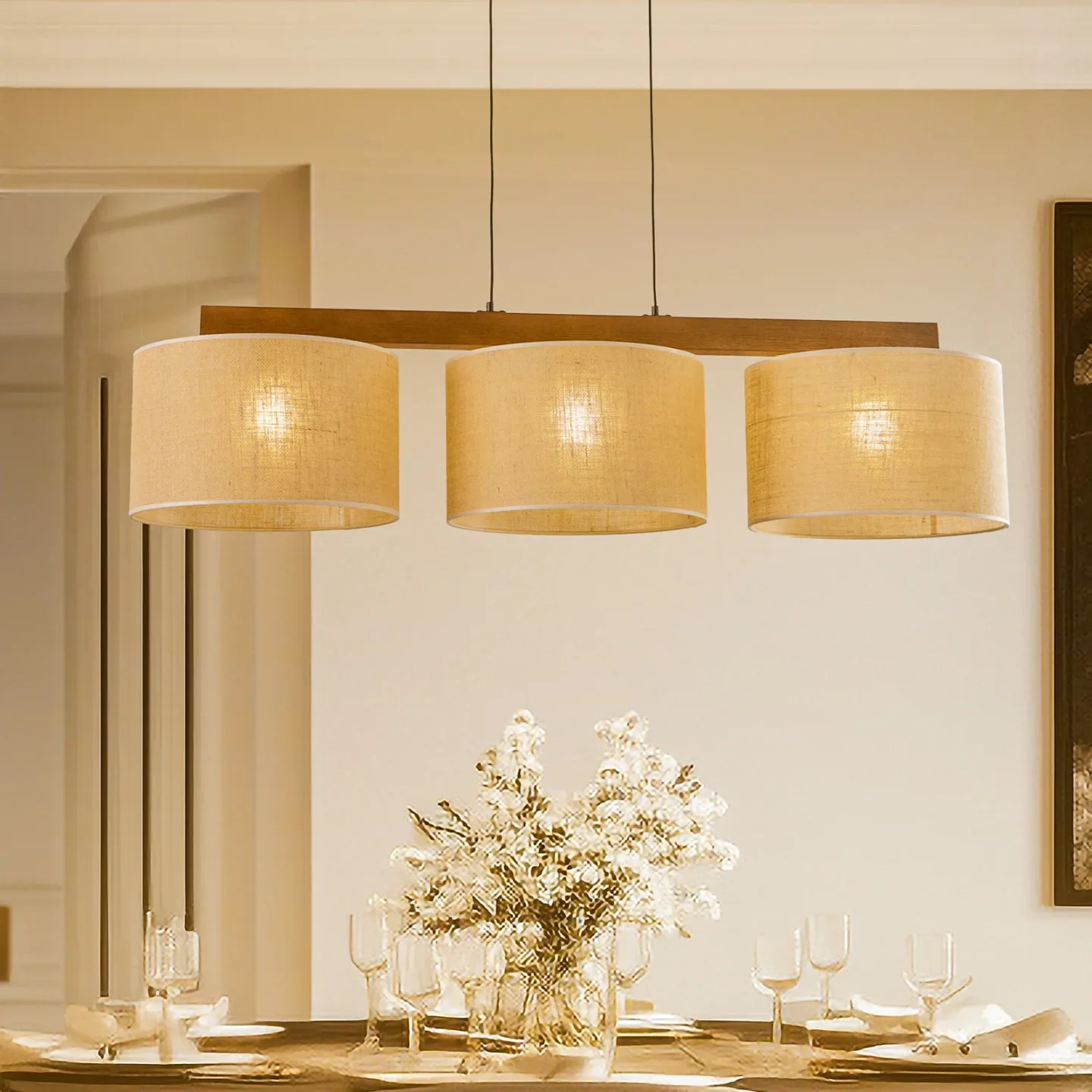 Juta hængelampe 120 cm med 3 lyskilder bjælkeform træ TK Lighting - Stue - Stof / tekstil - Med flere lyskilder