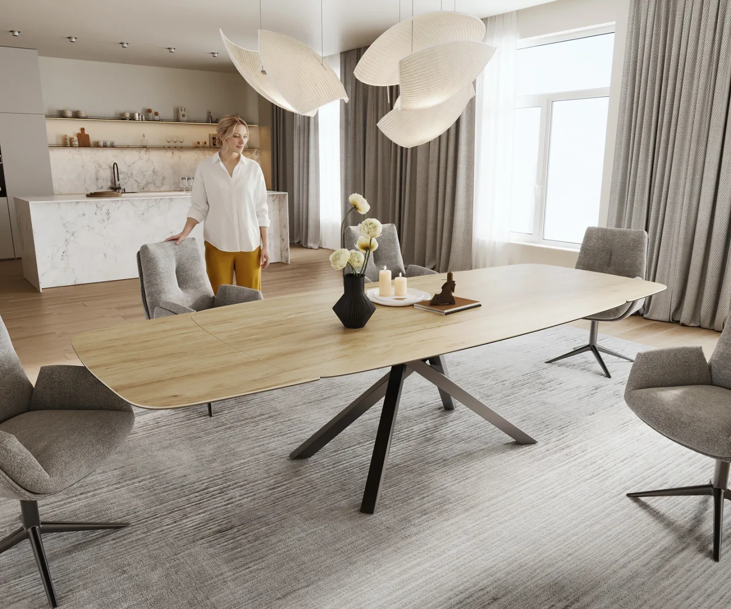 Esstisch Edge Boot 200-300x120 cm Keramik Laminam® Sabbia Eichefarbig Kreuzgestell Rechteck Edelstahl Graphit ausziehbar