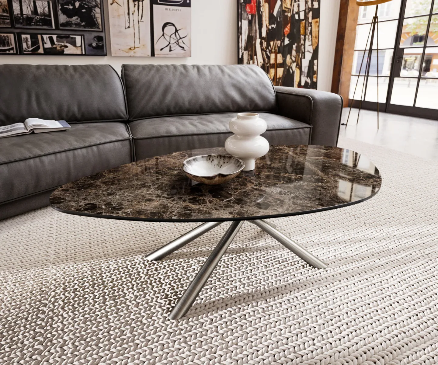 Couchtisch Edge Organisch 140x76 cm Keramik Emperador Extra Lucidato Dunkelbraun Sarity Edelstahl gebürstet