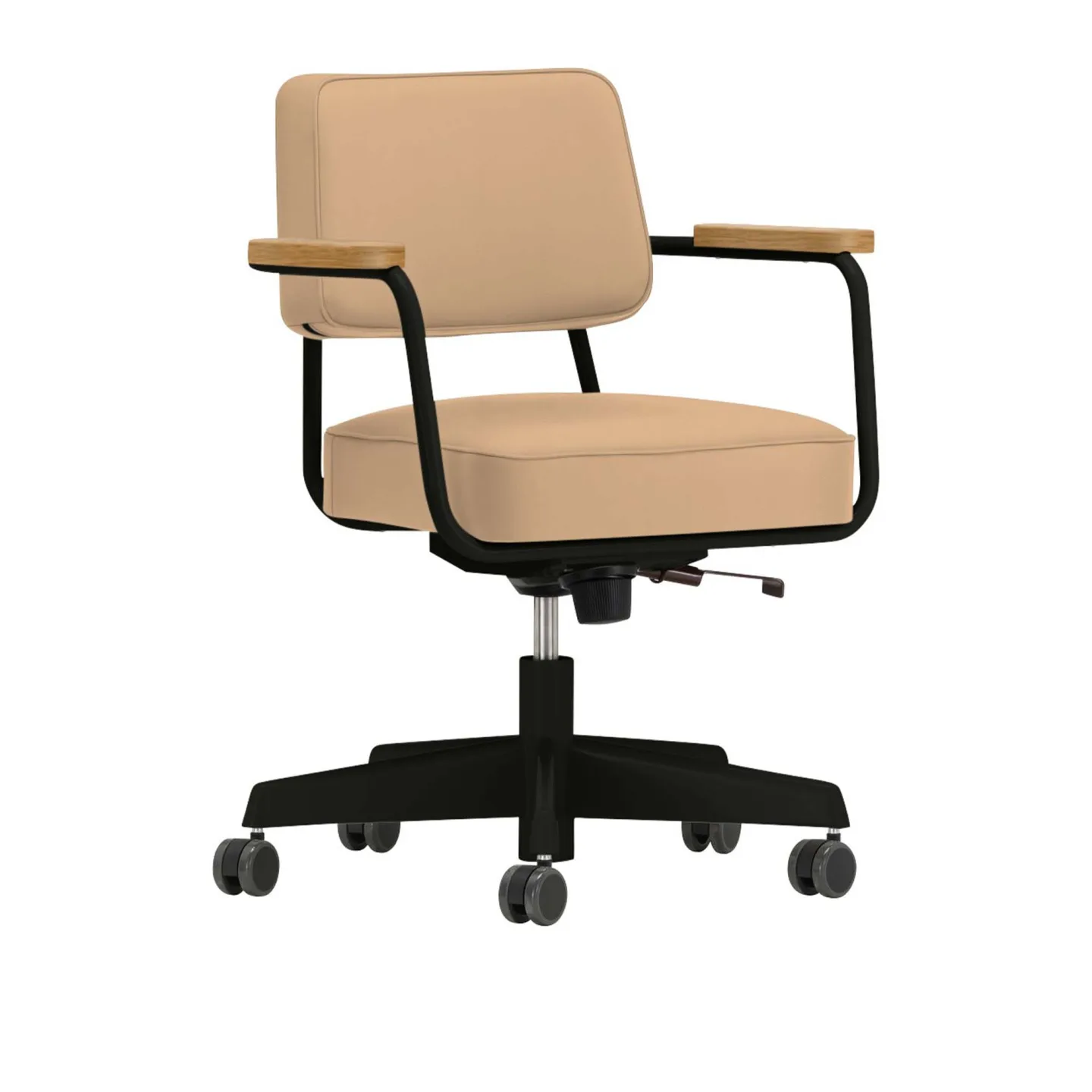 Vitra - Fauteuil Direction Pivotant, Walnut, Base Japanese Red, Leather Premium Cat. L40 Col. 63 Cashew - Kontorsstolar - Jean Prouvé - Beige