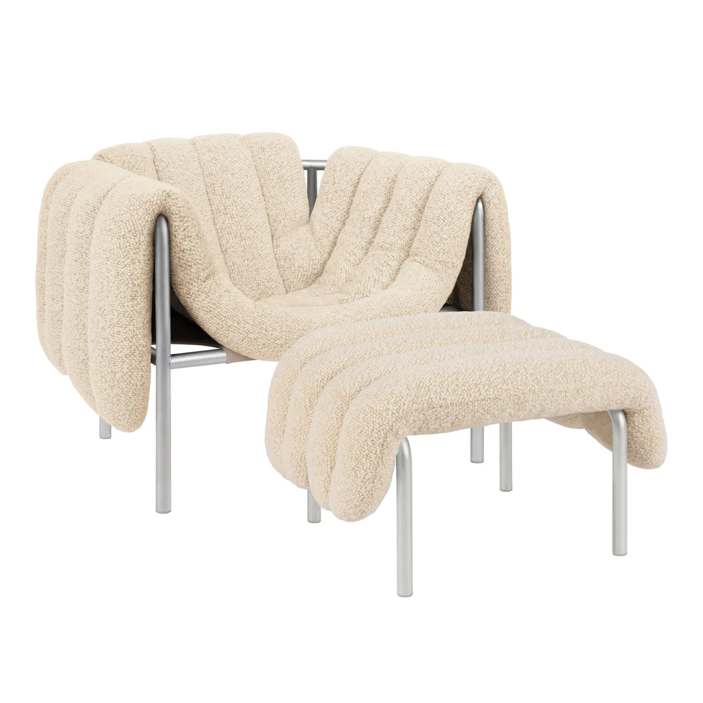 HEM - Puffy Lounge Chair + Ottoman - Eggshell/Stainless - Fåtöljer - Faye Toogood - Silver,Beige - Bomull/Naturmaterial/Metall/Syntetiskt/Skum/Plast