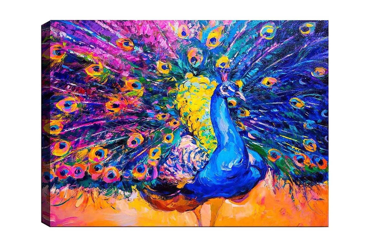 Canvastavla 70x100 cm - Färgstark påfågel med utspridda fjädrar som skapar en dramatisk effekt - Blå / Lila / Gul