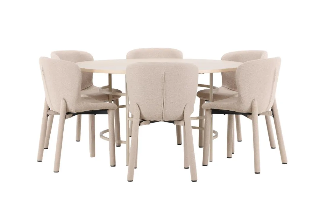 Copenhagen Essgruppe Tisch Ø140cm und 6 Stühle whitewash, beige.
