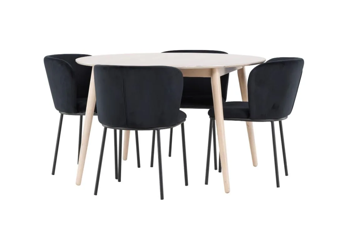 Flora Essgruppe Tisch Ø120cm und 4 Stühle whitewash, schwarz.