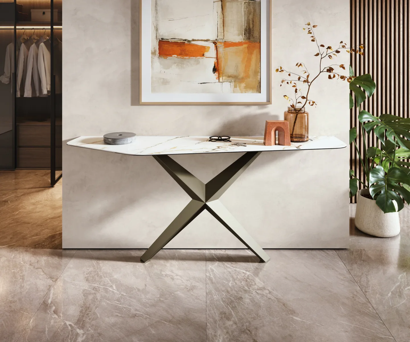 Konsolentisch Edge Polygonal 180x50 cm Keramik Calacatta Luxe Weiß-Gold-Grau Zentharo Metall Effektfinish Titan