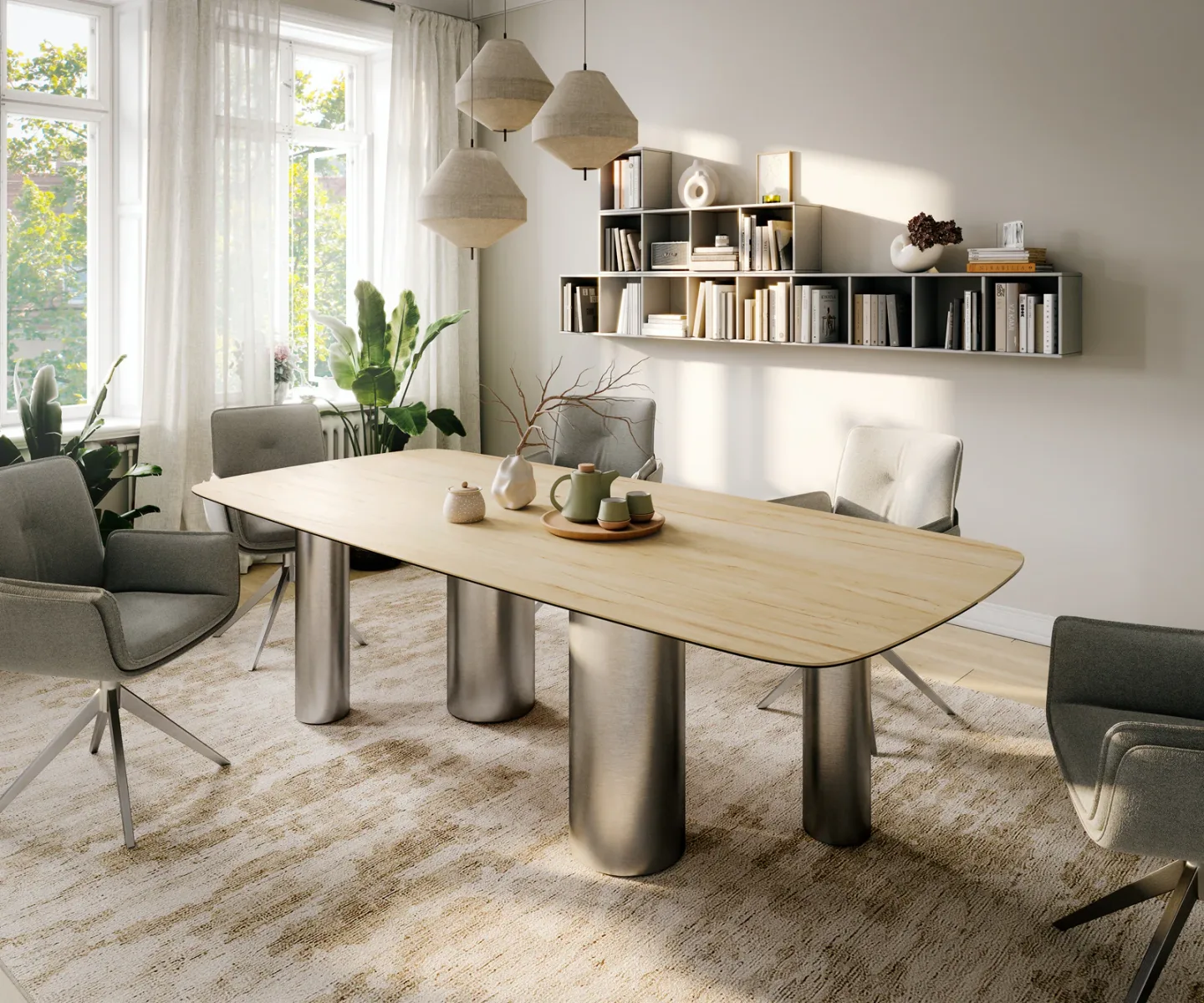 Esstisch Edge Boot 260x120 cm Keramik Laminam® Sabbia Eichefarbig Pilier Edelstahl gebürstet