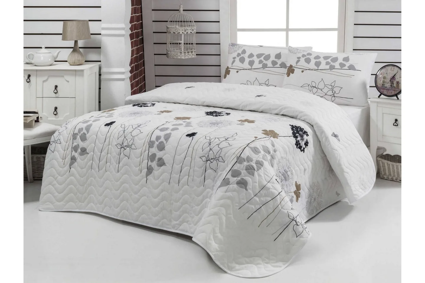 Eponj Home Överkast Dubbelt 200x220+2 Kuddfodral Quiltat - Vit/Grå/Svart/Brun