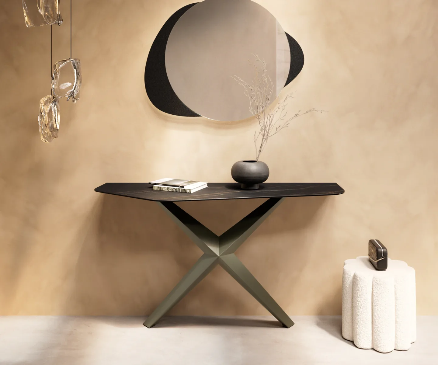 Konsolentisch Edge Polygonal 140x50 cm Keramik Laminam® Noir Desir Braun Zentharo Metall Effektfinish Titan