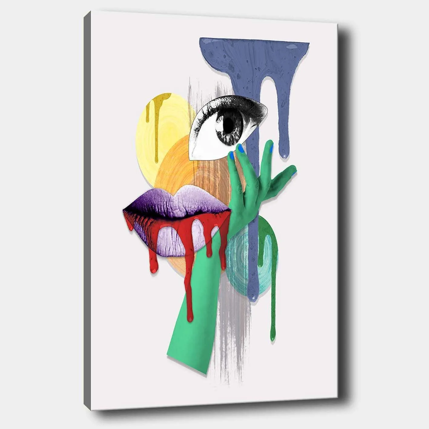 Canvastavla 70x100 cm - Ett surrealistiskt porträtt med en öga, läppar och en hand i livfulla färger - Grön / Lila / Röd