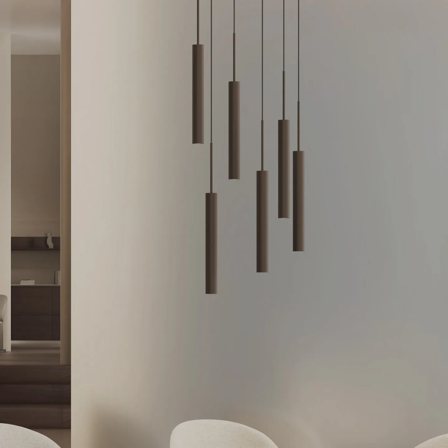 Tubulaire hængelampe, 6 lyskilder, ring, bronze - Audo Copenhagen - Stue - Design - Aluminium - Med skærm