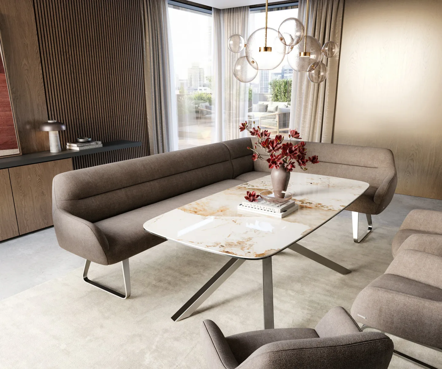Esszimmerbank Taya-Flex 285x190 cm Strukturstoff Soft Taupe Kufengestell flach Edelstahl Taschenfederkern Rechts