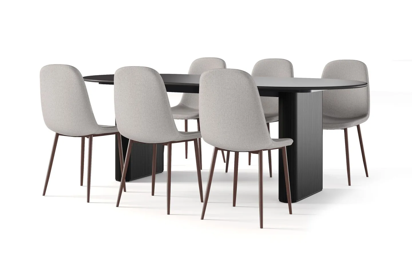 Noira Ovalt Matbord 220 cm Svart + 6 st Nibe stol beige med valnöt ben - Svart/Beige
