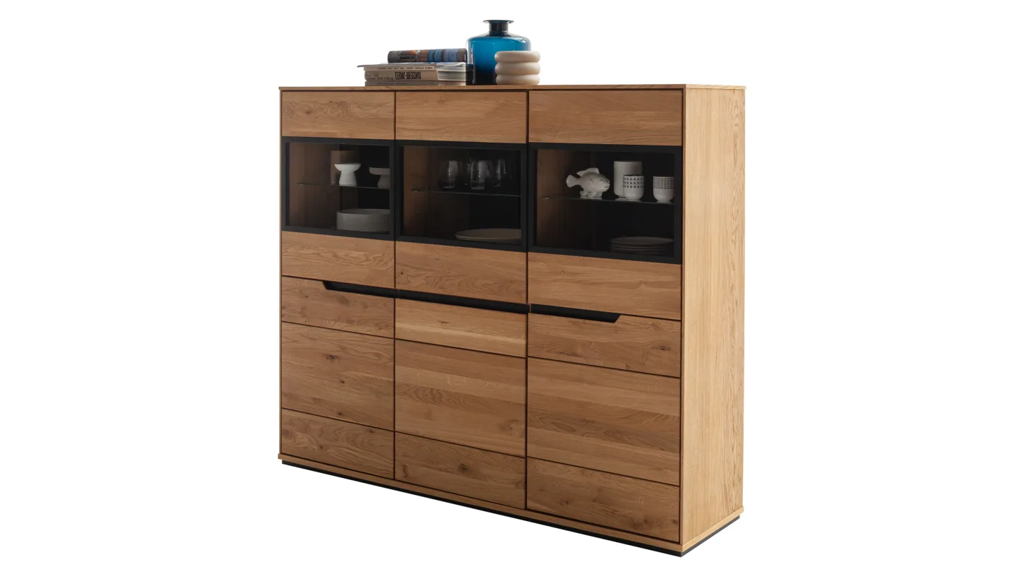 Highboard mit Glastüren Wildeiche geölt massiv 153 cm - ARAYA