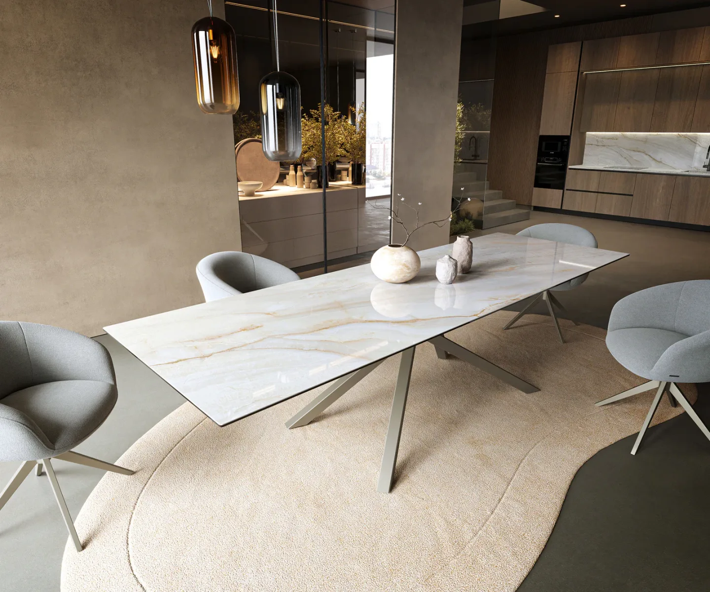Esstisch Edge 300x100 cm Keramik Onyx Pearl Kreuzgestell Rechteck Effektfinish Titan