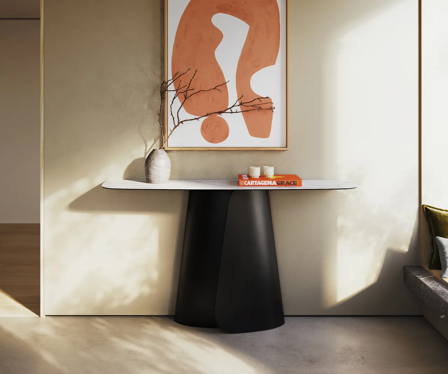 Konsolentisch Edge Boot 140x40 cm Keramik Laminam® Statuarietto Weiß Livos Metall Schwarz