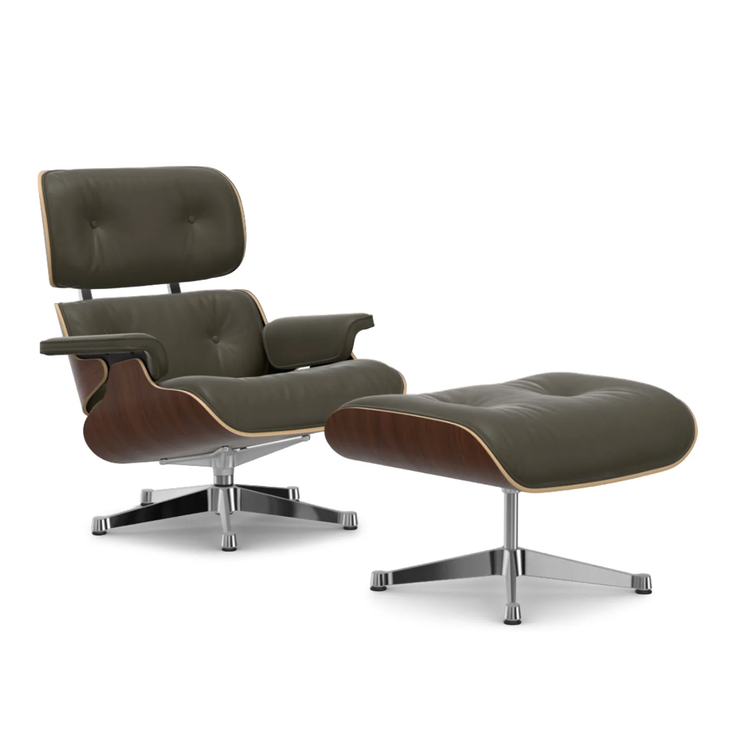 Vitra - Eames Lounge Set Dark Walnut Leather Premium Khaki 58 Polished Aluminium - Fåtöljer - Charles & Ray Eames - Grön