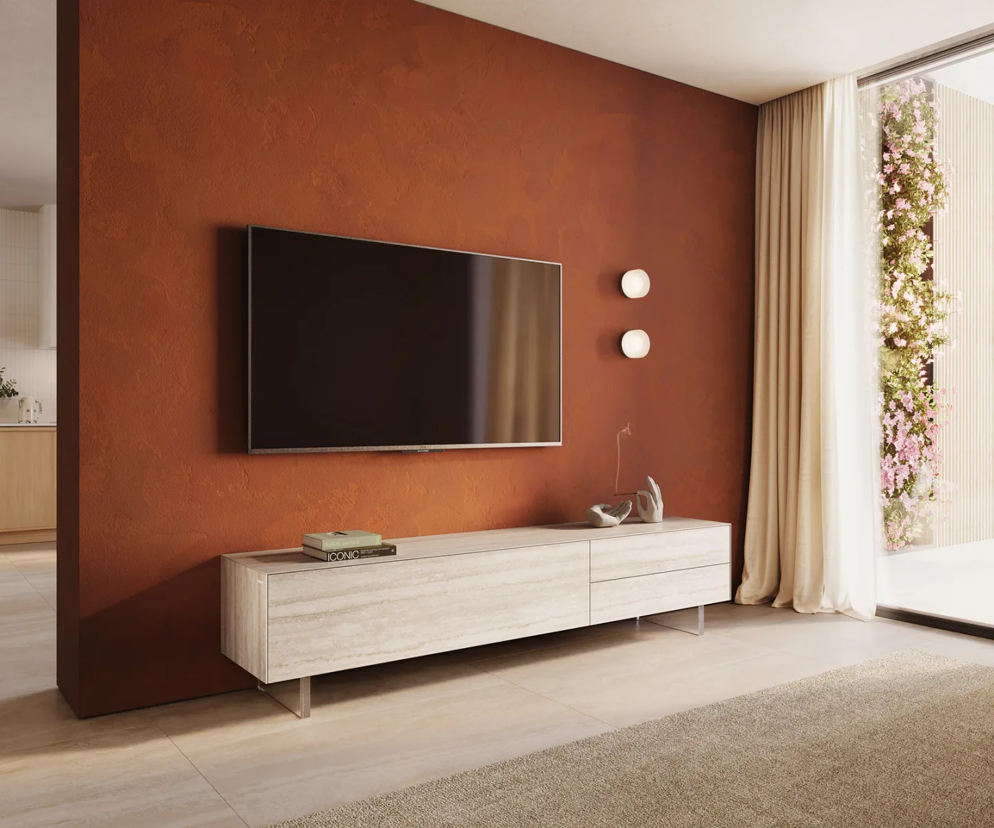 Lowboard Cuor 220 cm Keramik Laminam® Travertino Bianco Creme-Weiß 1 Klappe 2 Schubfächer Fuß Schwebeoptik Acrylglas