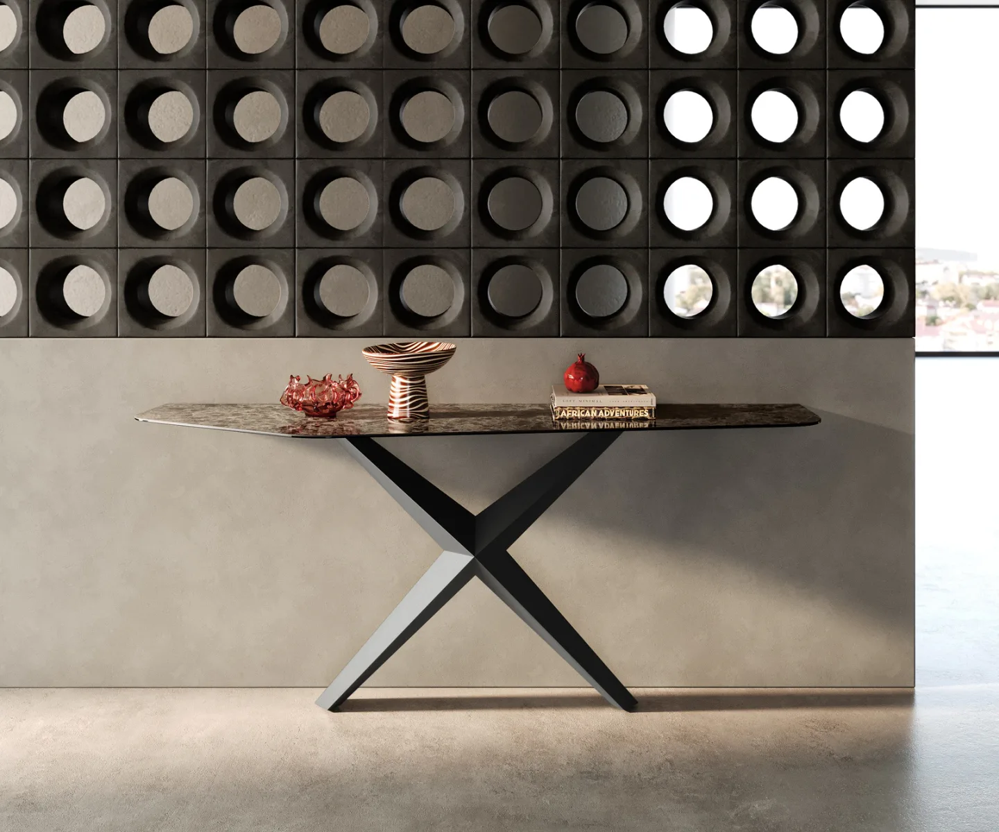 Konsolentisch Edge Polygonal 180x50 cm Keramik Emperador Extra Lucidato Dunkelbraun Zentharo Metall Schwarz