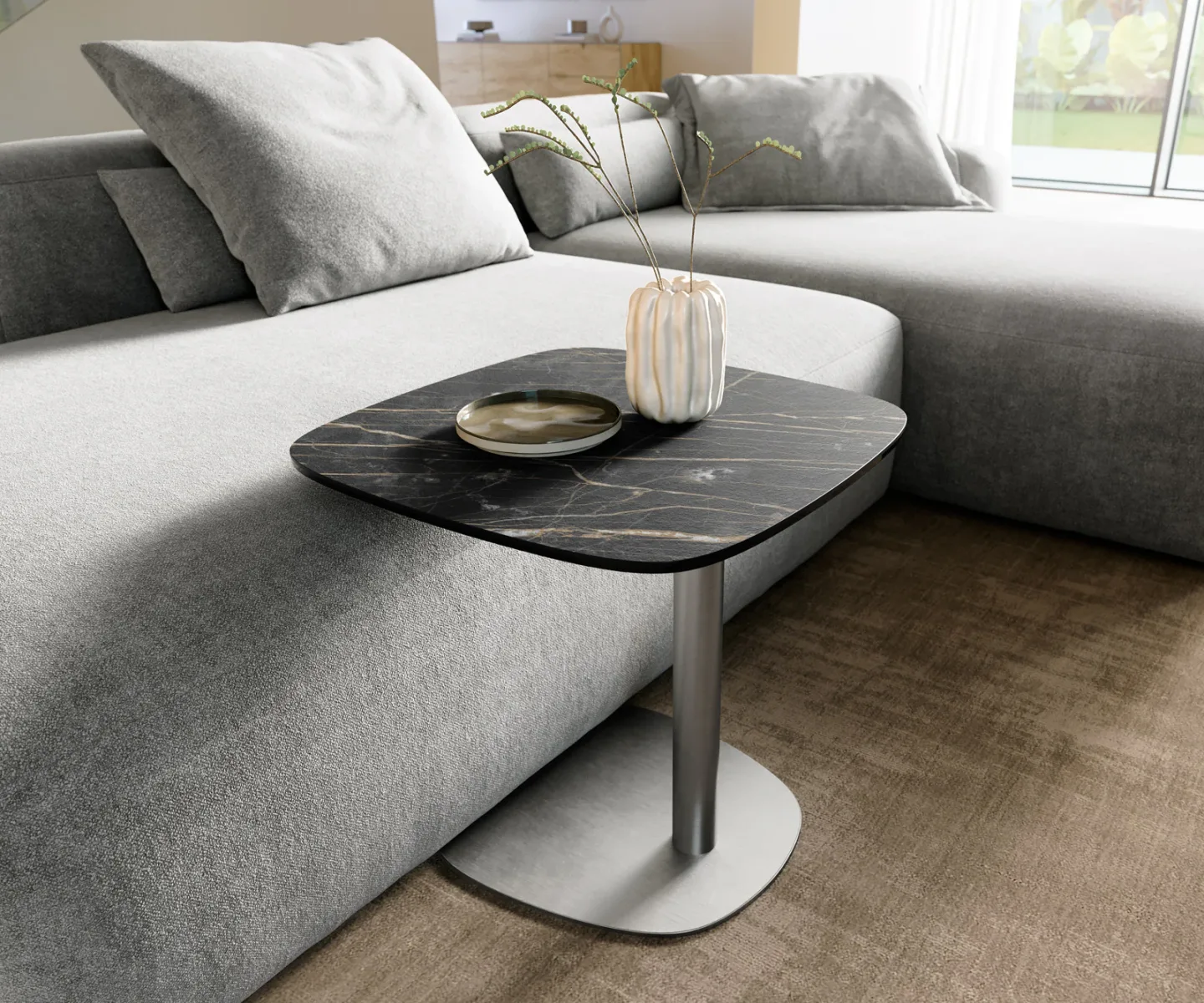 Beistelltisch Edge Boot 50x50 cm Keramik Laminam® Noir Desir Braun Eleny Edelstahl gebürstet