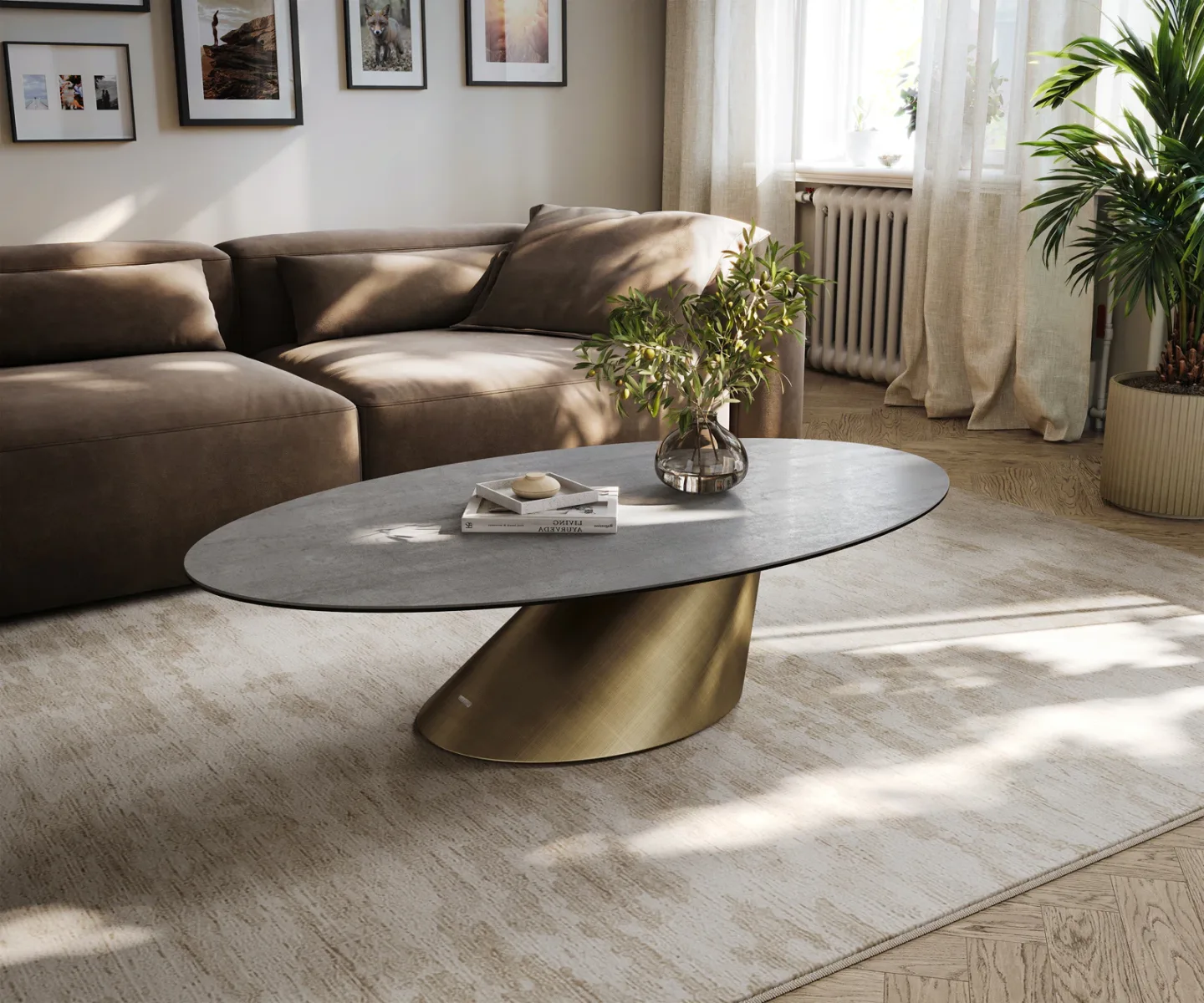 Couchtisch Edge Oval 140x80 cm Keramik Beton Grau Conis Metallic Gold