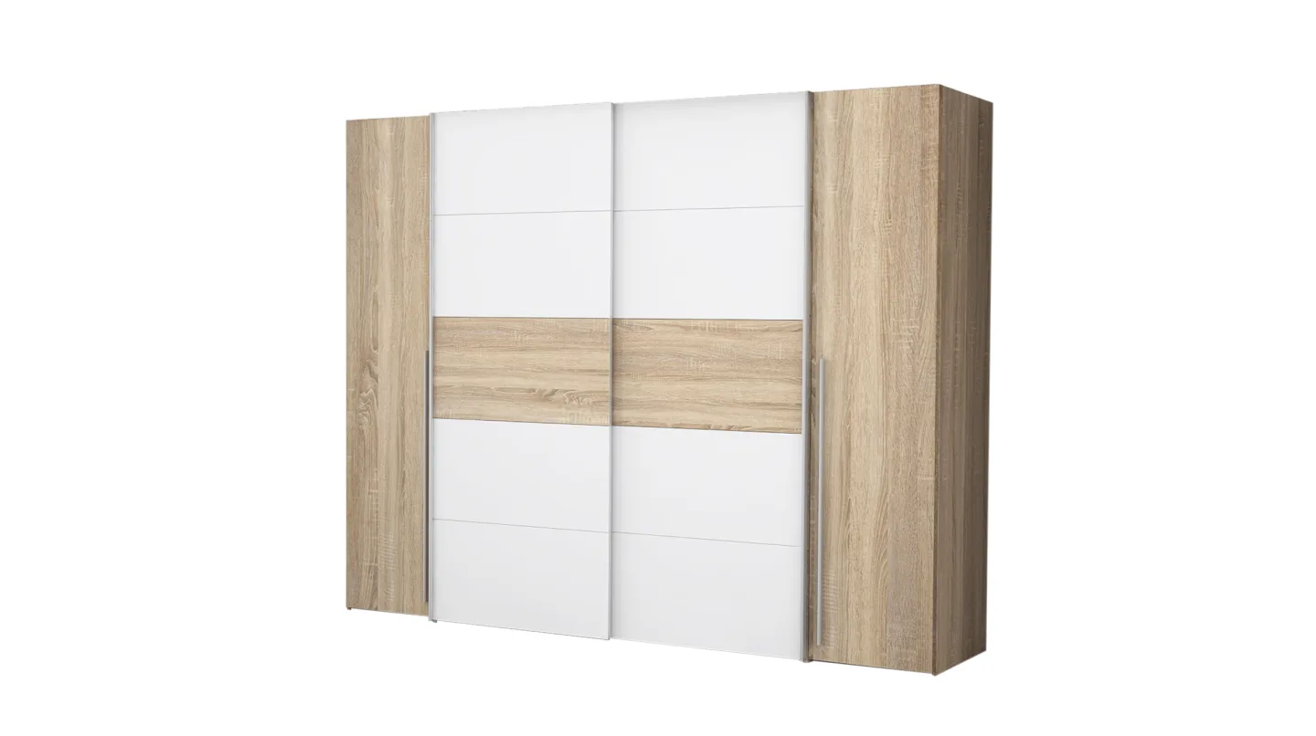 Kleiderschrank Sonoma Eiche - weiß - 270 cm - Schwebetüren - NARAGO