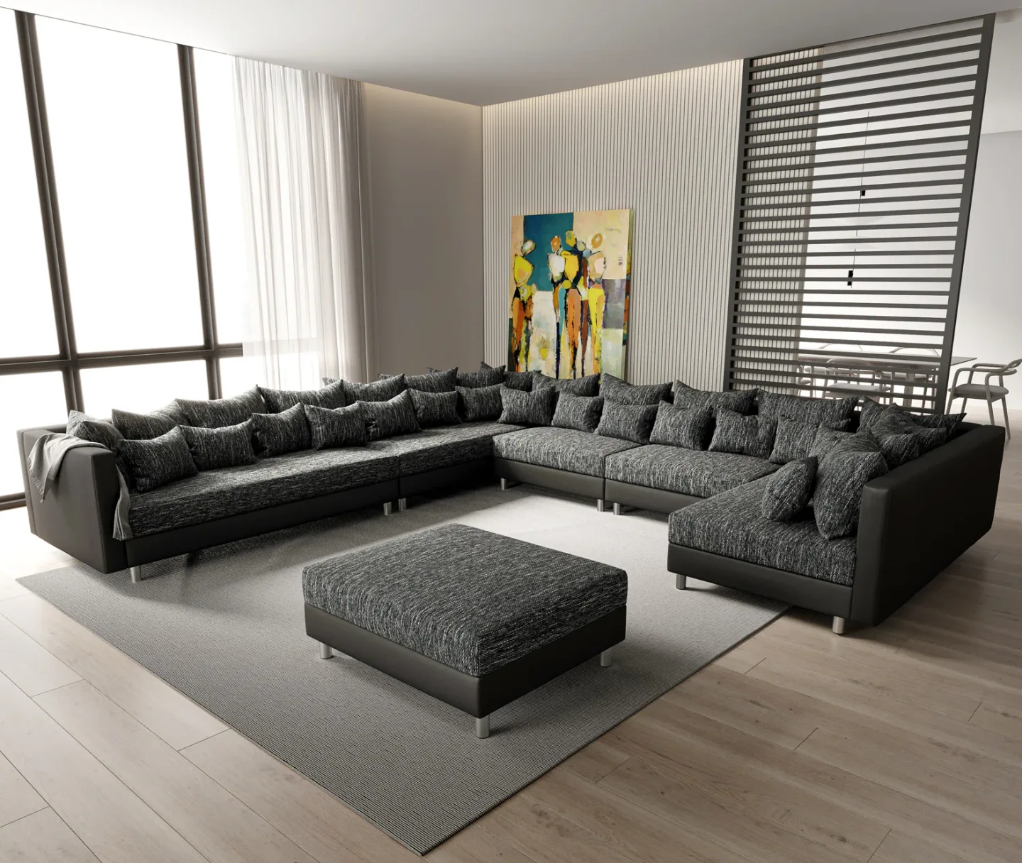 Wohnlandschaft Clovis XXL Schwarz Hocker Ottomane Links modular